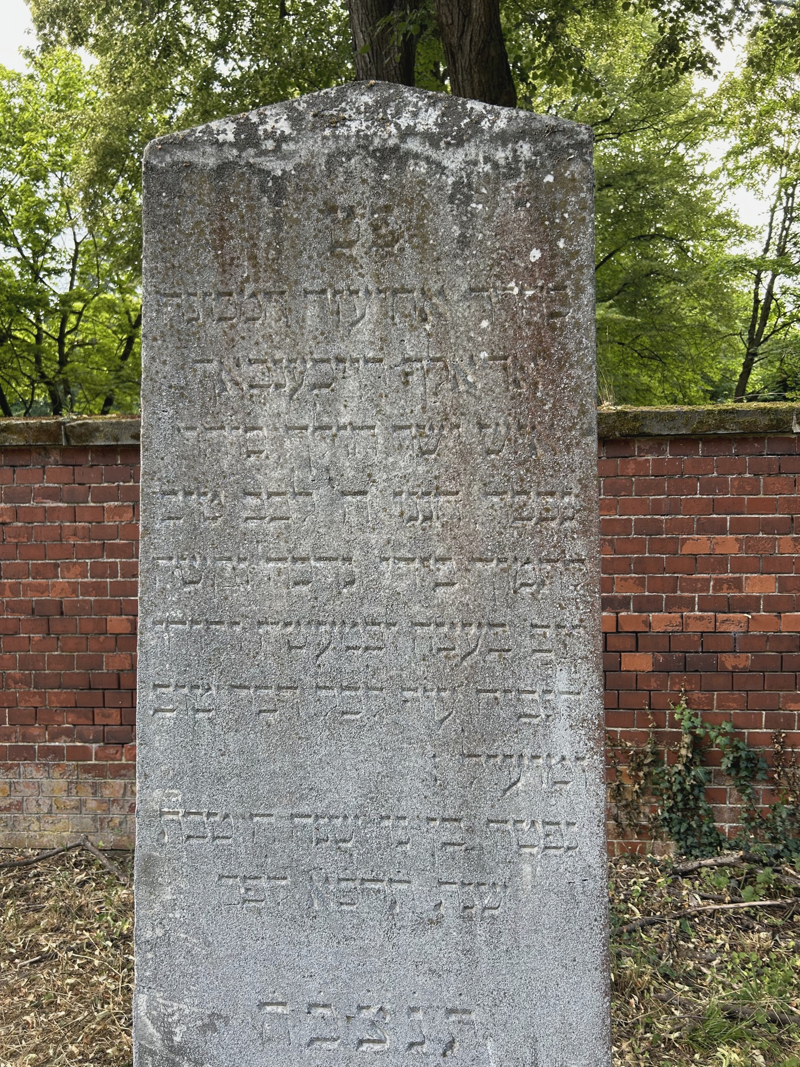 Hebrew inscription on the gravestone of Adolf Reichenbach, named Baruch Achiezer in Hebrew, in the Jewish cemetery at Halberstadt