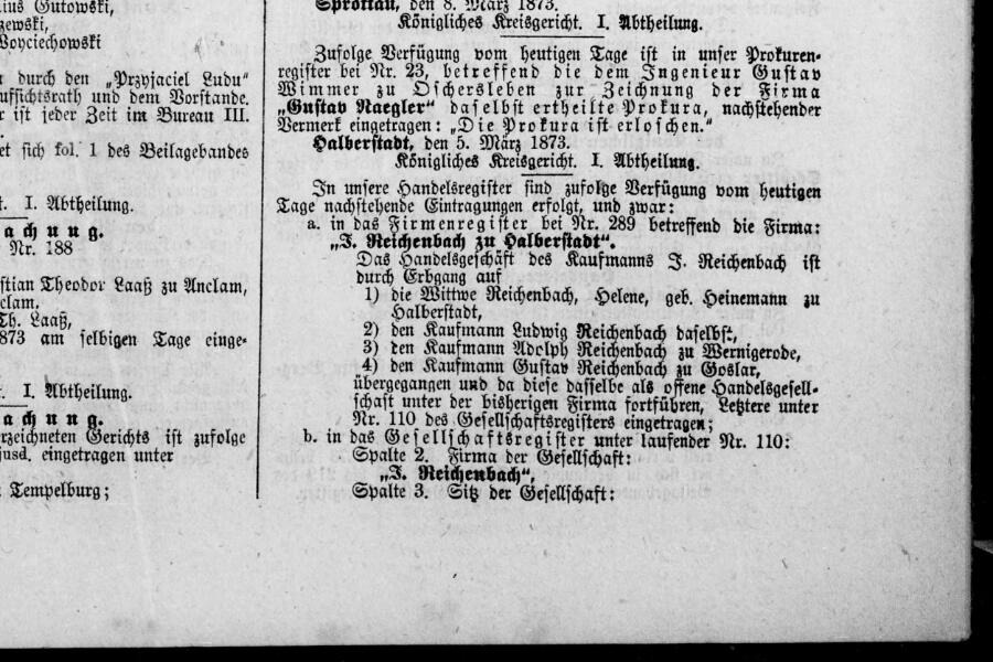 Jacobs Witwe und Söhne erben J. Reichenbach