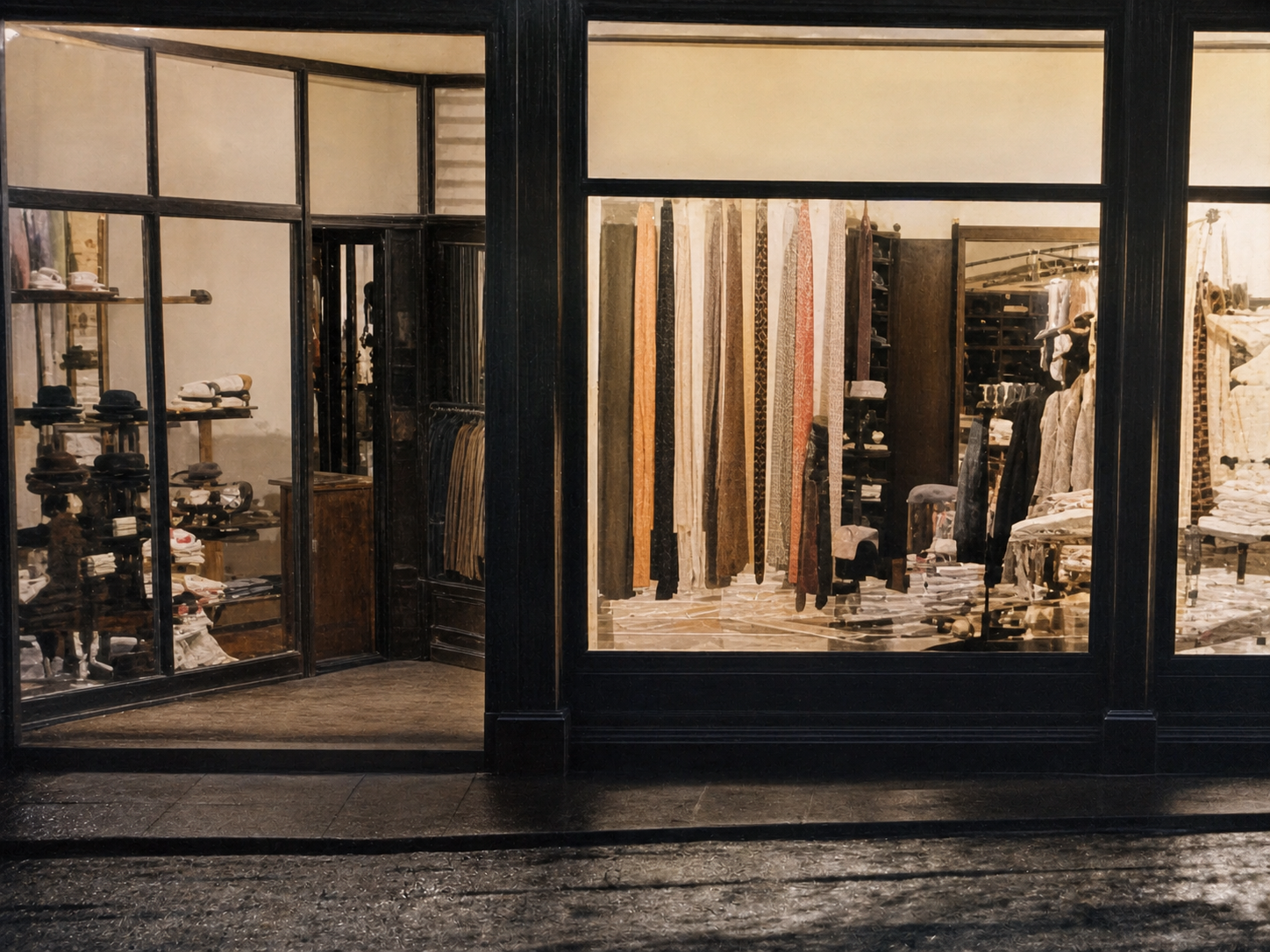 AI-generated interpretive reconstruction of the central entrance and display-window detail in the Kaufhaus Reichenbach nighttime façade photograph