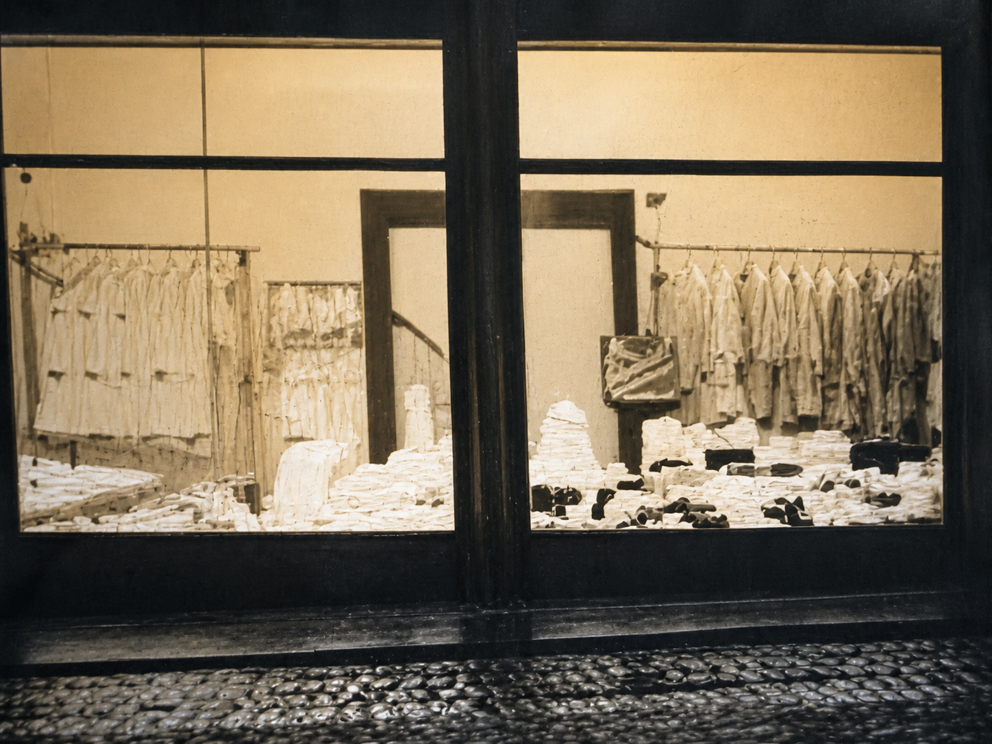 AI-generated interpretive reconstruction of the right-hand display-window detail in the Kaufhaus Reichenbach nighttime façade photograph