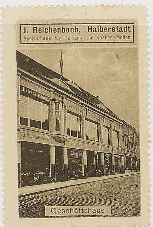 Original institutional scan crop of the J. Reichenbach advertising stamp captioned Geschäftshaus