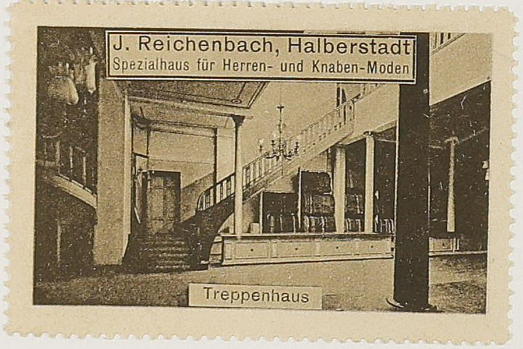 Original institutional scan crop of the J. Reichenbach advertising stamp captioned Treppenhaus