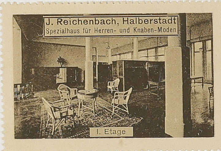 Original institutional scan crop of the J. Reichenbach advertising stamp captioned I. Etage