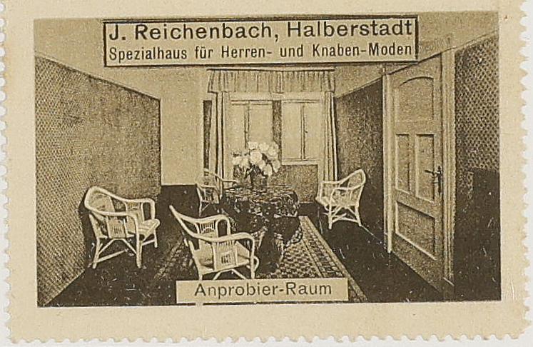 Original institutional scan crop of the J. Reichenbach advertising stamp captioned Anprobier-Raum