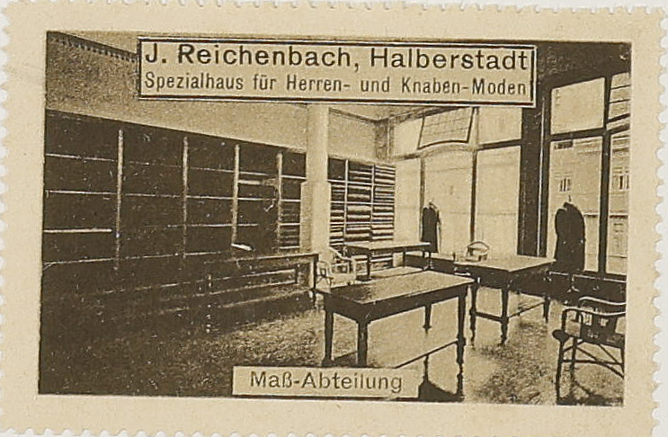Original institutional scan crop of the J. Reichenbach advertising stamp captioned Maß-Abteilung