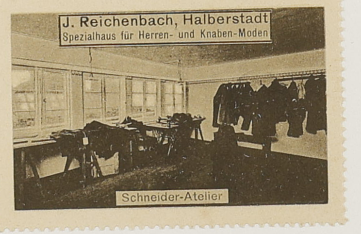 Original institutional scan crop of the J. Reichenbach advertising stamp captioned Schneider-Atelier