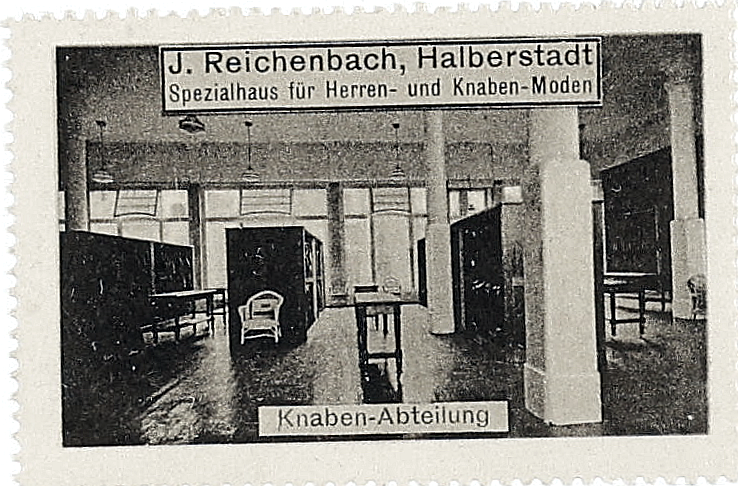 Conventionally adjusted viewing copy of the J. Reichenbach advertising stamp captioned Knaben-Abteilung
