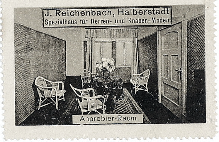 Conventionally adjusted viewing copy of the J. Reichenbach advertising stamp captioned Anprobier-Raum