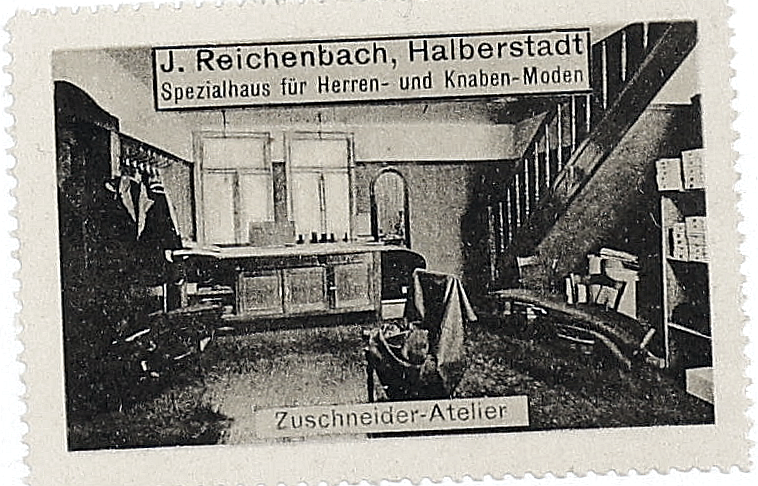 Conventionally adjusted viewing copy of the J. Reichenbach advertising stamp captioned Zuschneider-Atelier