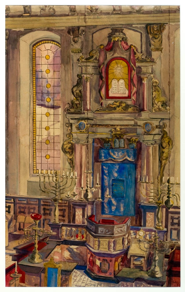 Käthe Lipke’s 1930 watercolor of the Halberstadt synagogue interior with blue velvet Torah-ark curtain, chandeliers and octagonal bimah