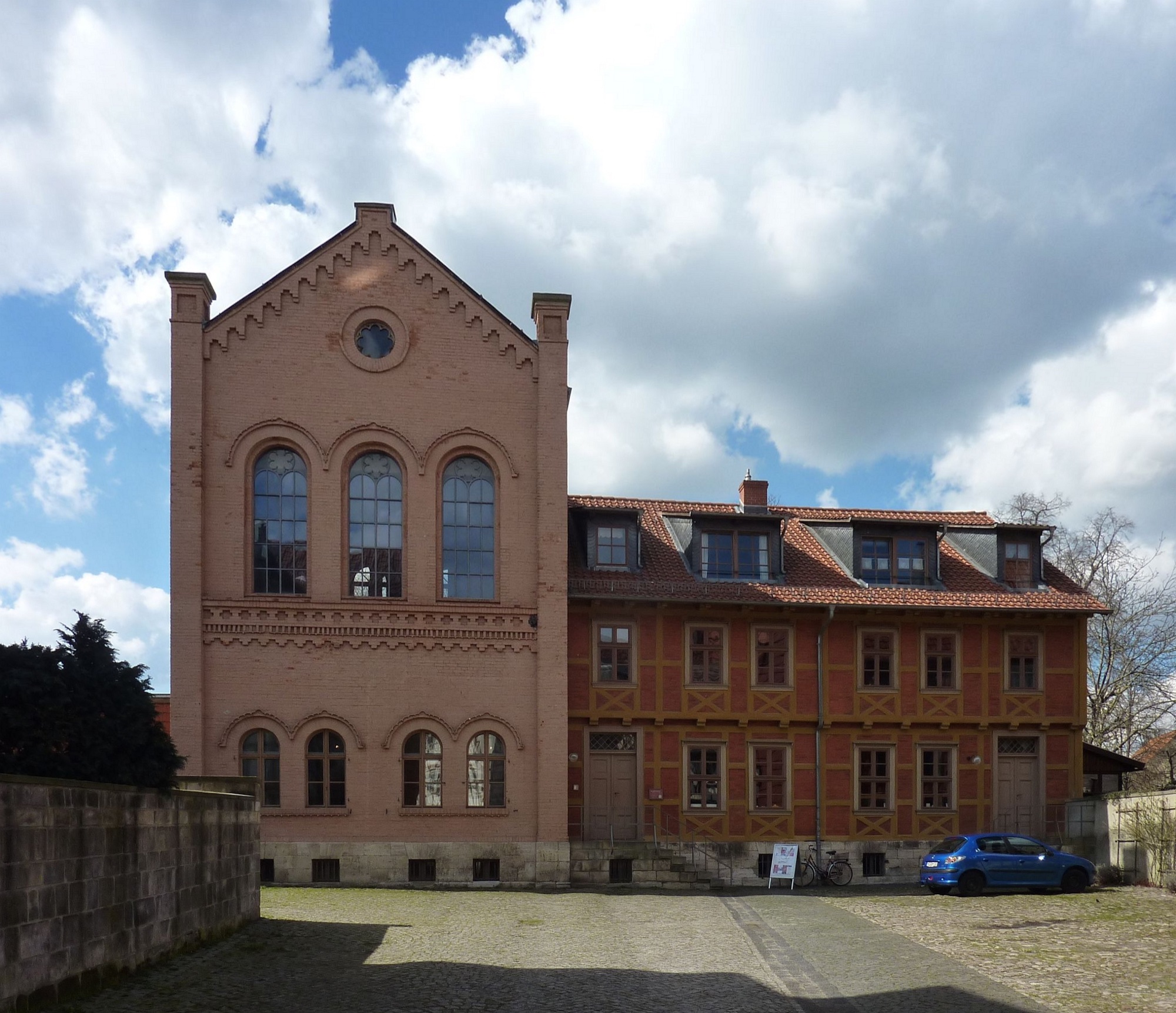 Brick-and-half-timbered facade of the Klaussynagoge at Rosenwinkel 18 in Halberstadt