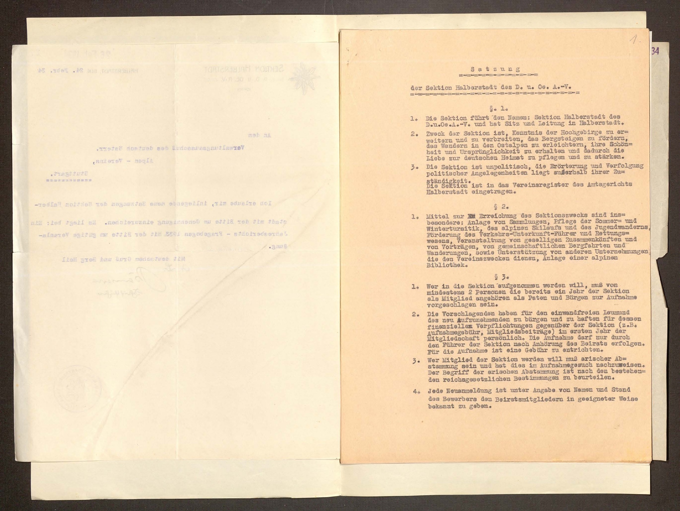 First typed page of the 1934 Halberstadt Alpine Club statute, including the Aryan-descent admission clause in section 3