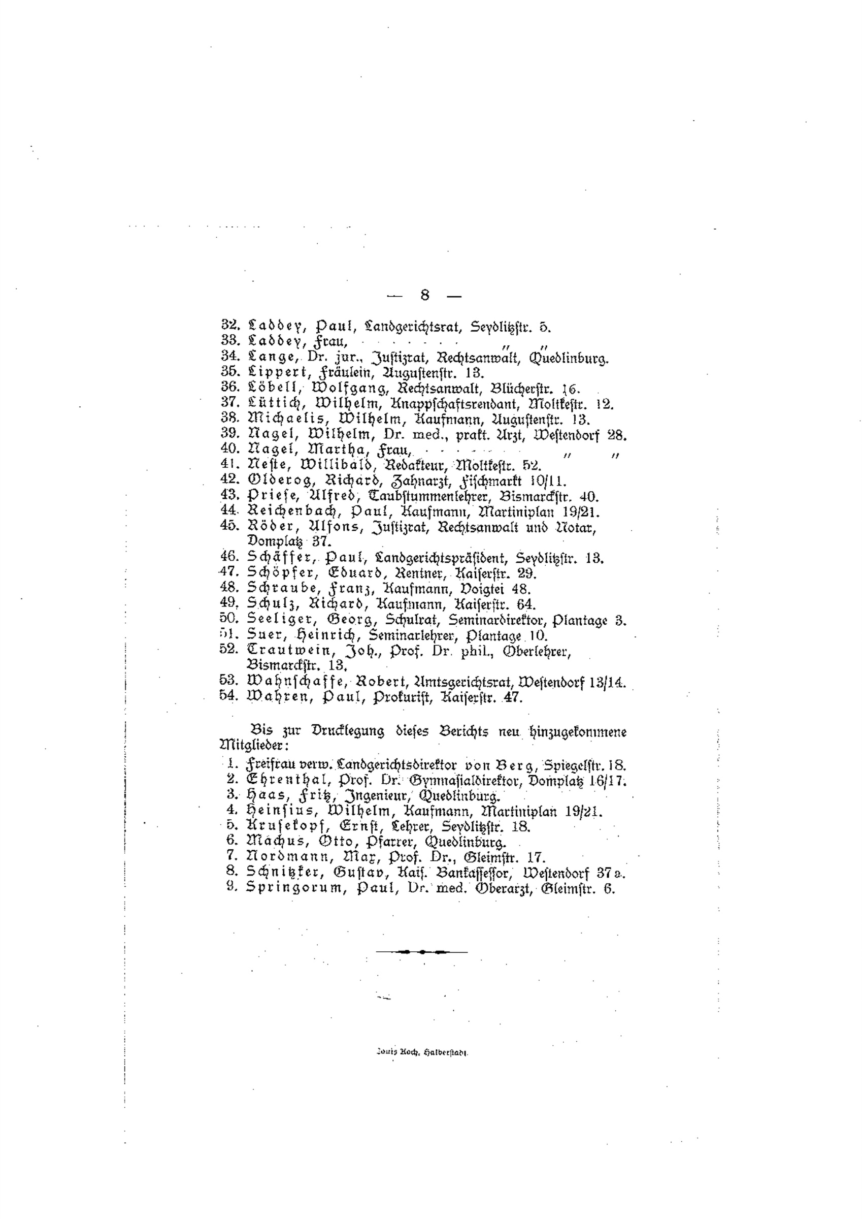 Membership roll in the 1909 Halberstadt Alpine Club report listing P. Reichenbach, merchant, at Martiniplan 19/21