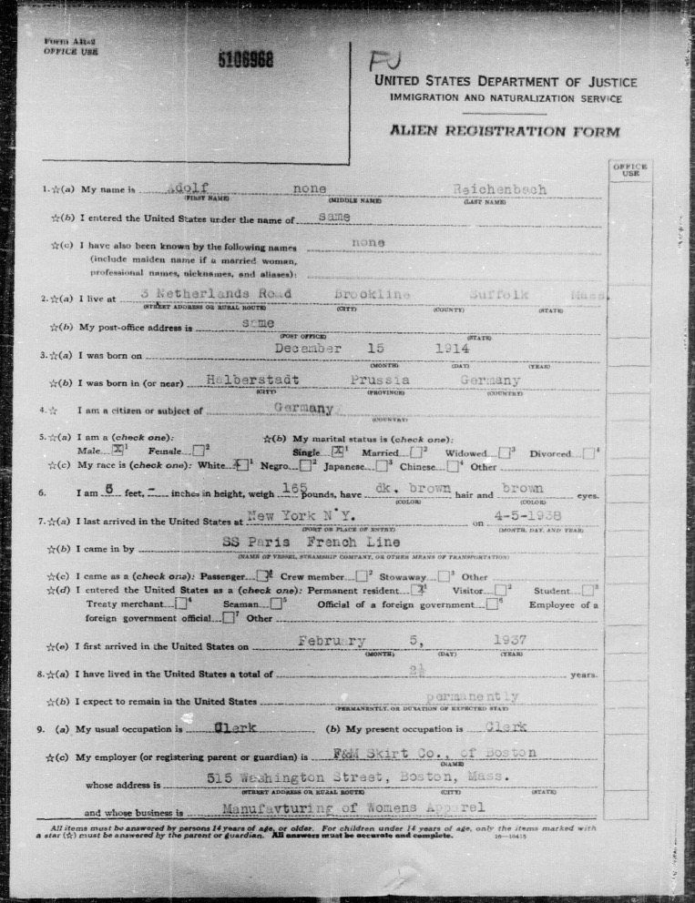 First page of Dolf Reichenbach’s 1940 Alien Registration Form, showing name, address, birth details, arrival information and employer