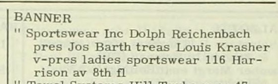 Ausschnitt eines Bostoner Adressbucheintrags von 1964 für Banner Sportswear Inc., der Dolph Reichenbach als Präsidenten nennt