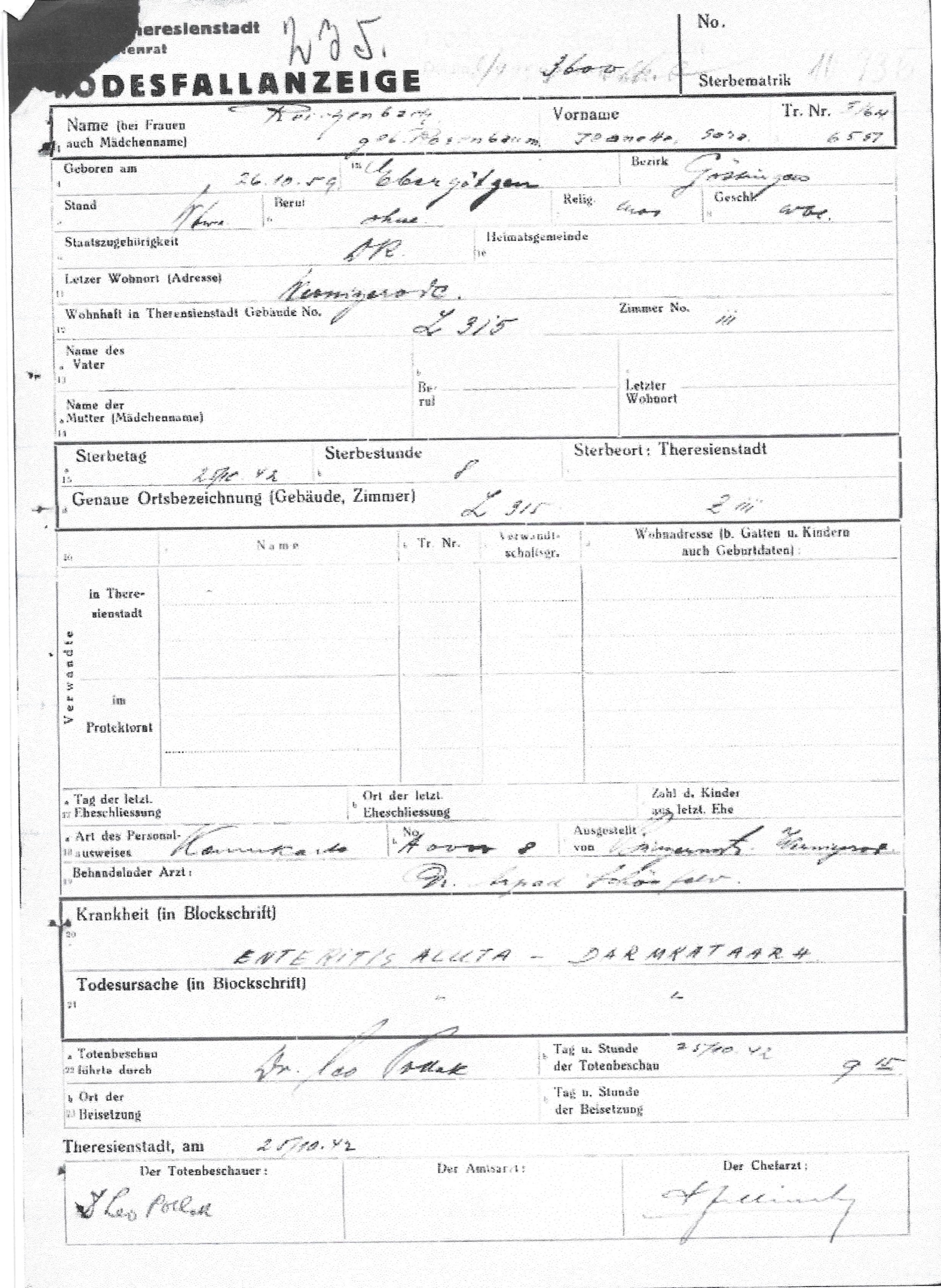 Theresienstadt Ältestenrat death notice for Jeanette Reichenbach née Rosenbaum