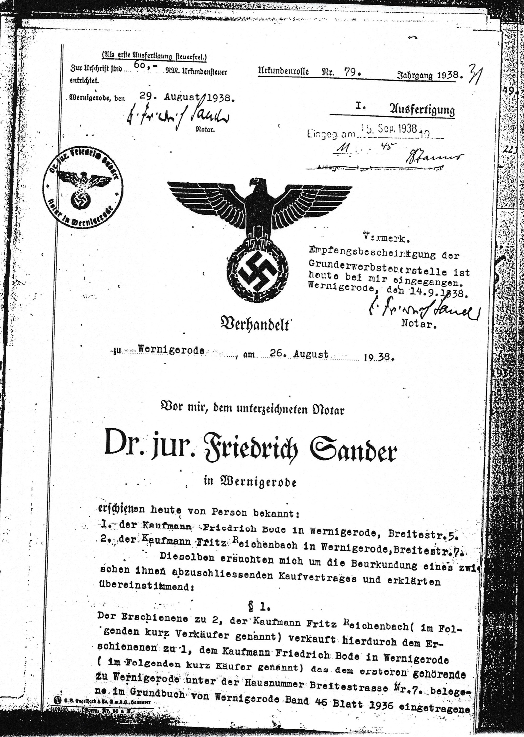First page of the 1938 notarial deed for the sale of Breite Straße 7 in Wernigerode