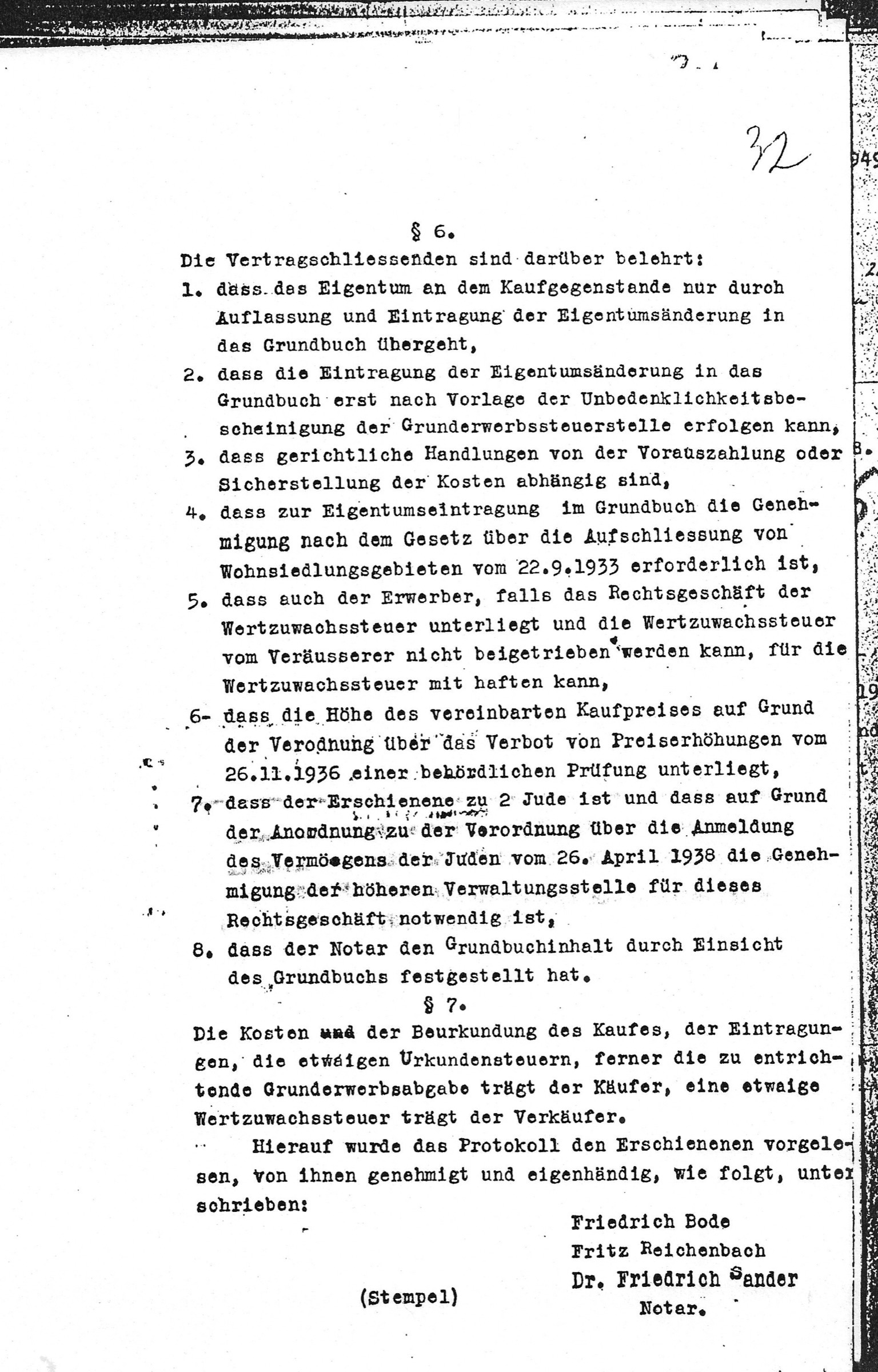 Third page of the 1938 deed with the clause identifying Fritz Reichenbach as Jewish