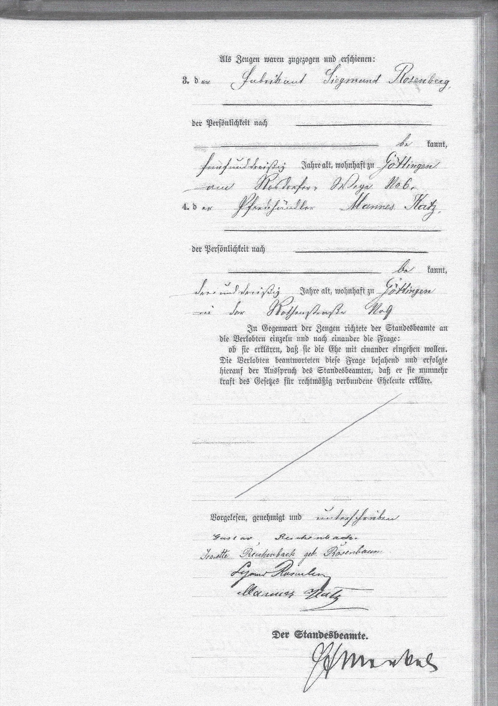 Signature and witness page from Gustav Reichenbach and Jeanette Rosenbaum’s marriage record