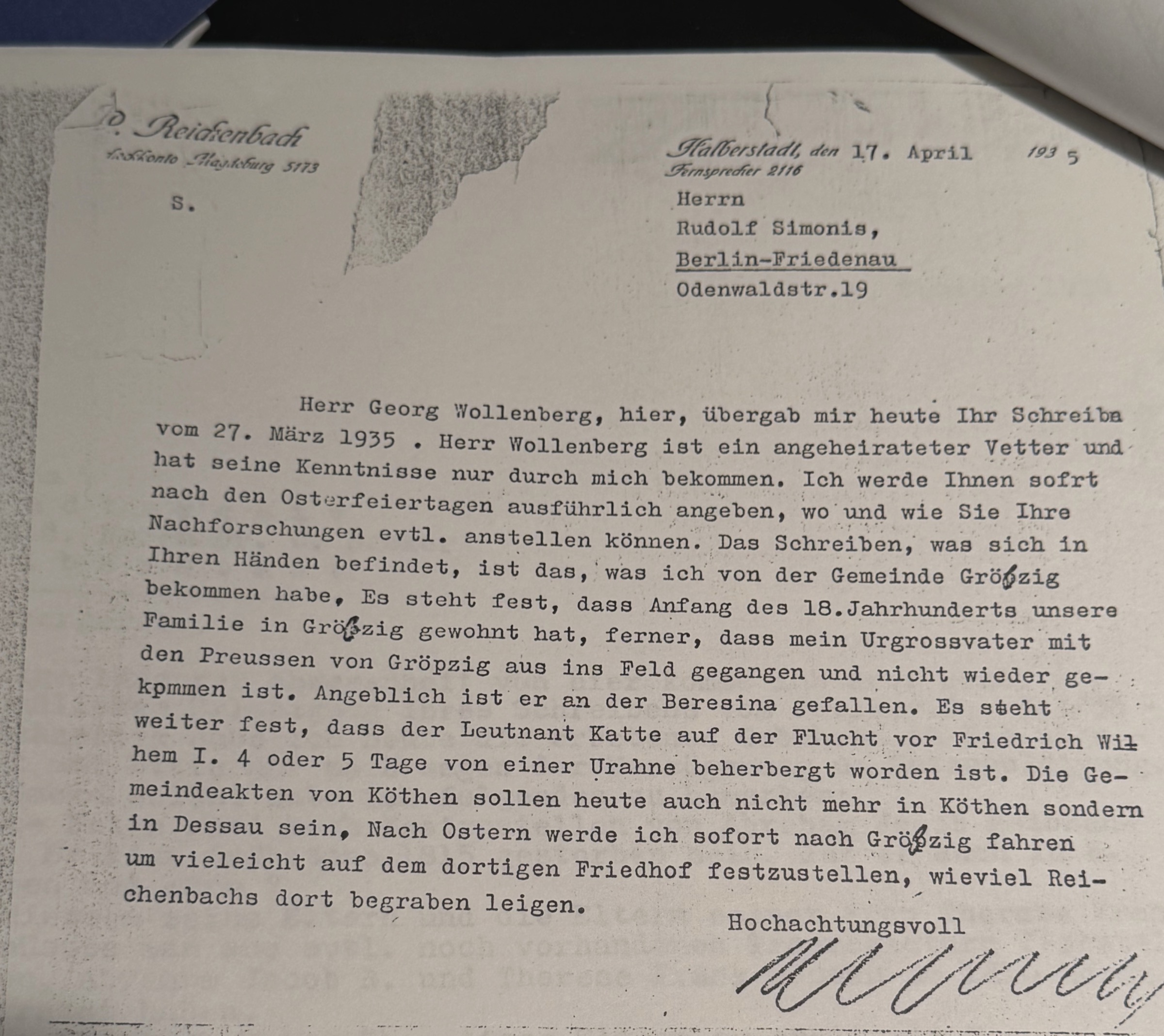 Typed letter from Paul Reichenbach in Halberstadt to Rudolf Simonis in Berlin, dated 17 April 1935