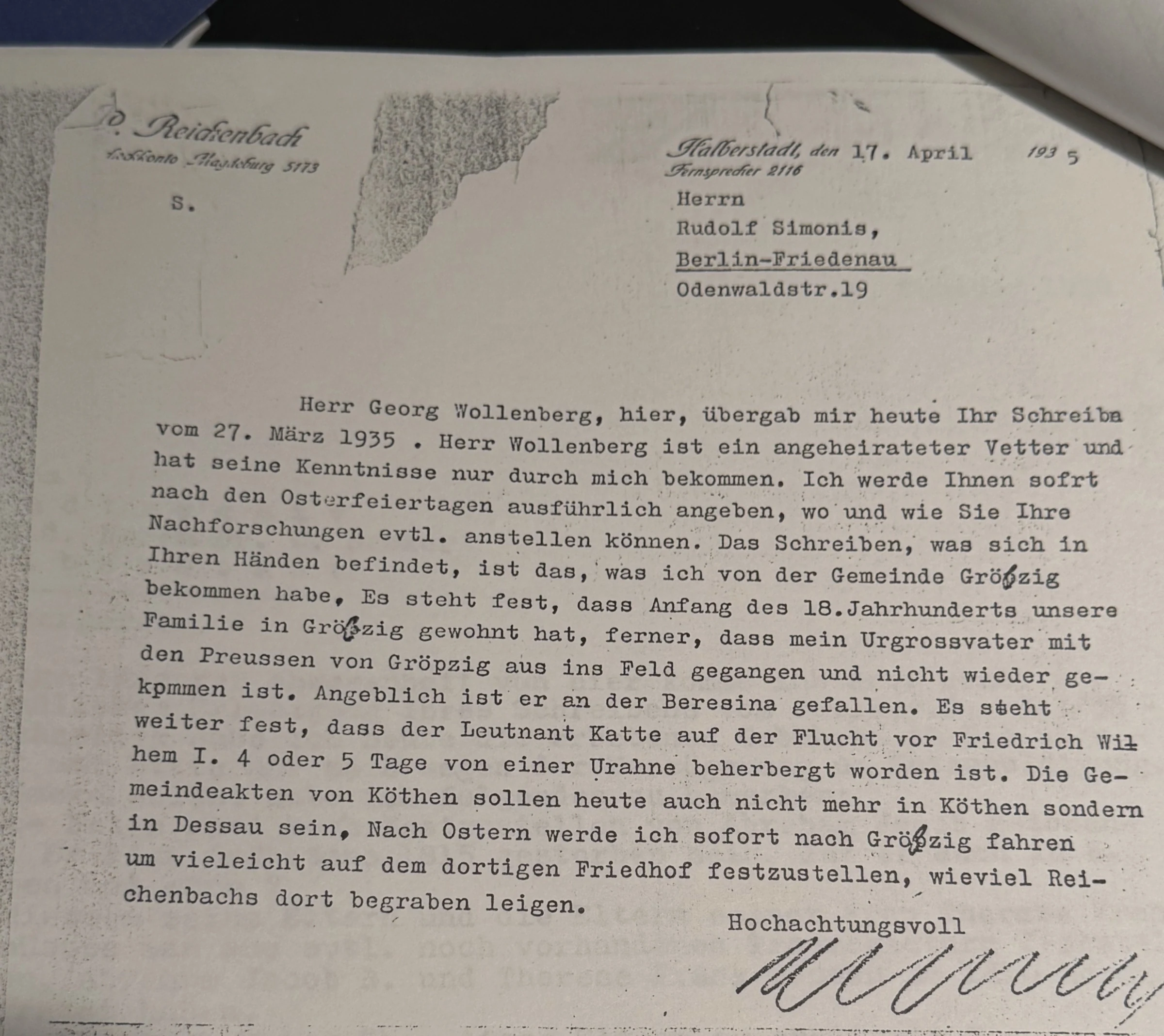 Typed letter from Paul Reichenbach in Halberstadt to Rudolf Simonis in Berlin, dated 17 April 1935