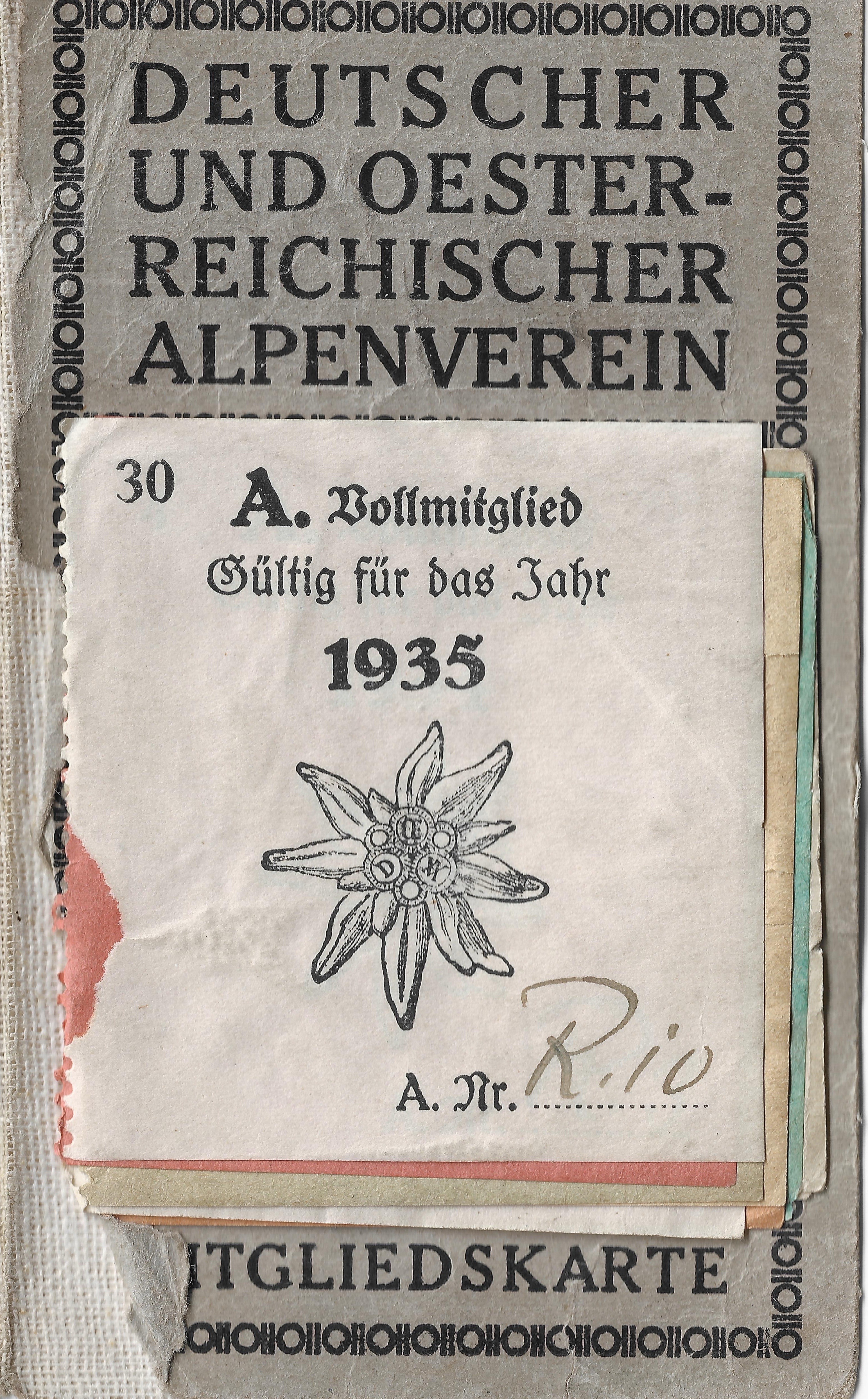 Reverse of Paul Reichenbach’s Alpine Club membership card with layered colored validation slips and a 1935 edelweiss stamp