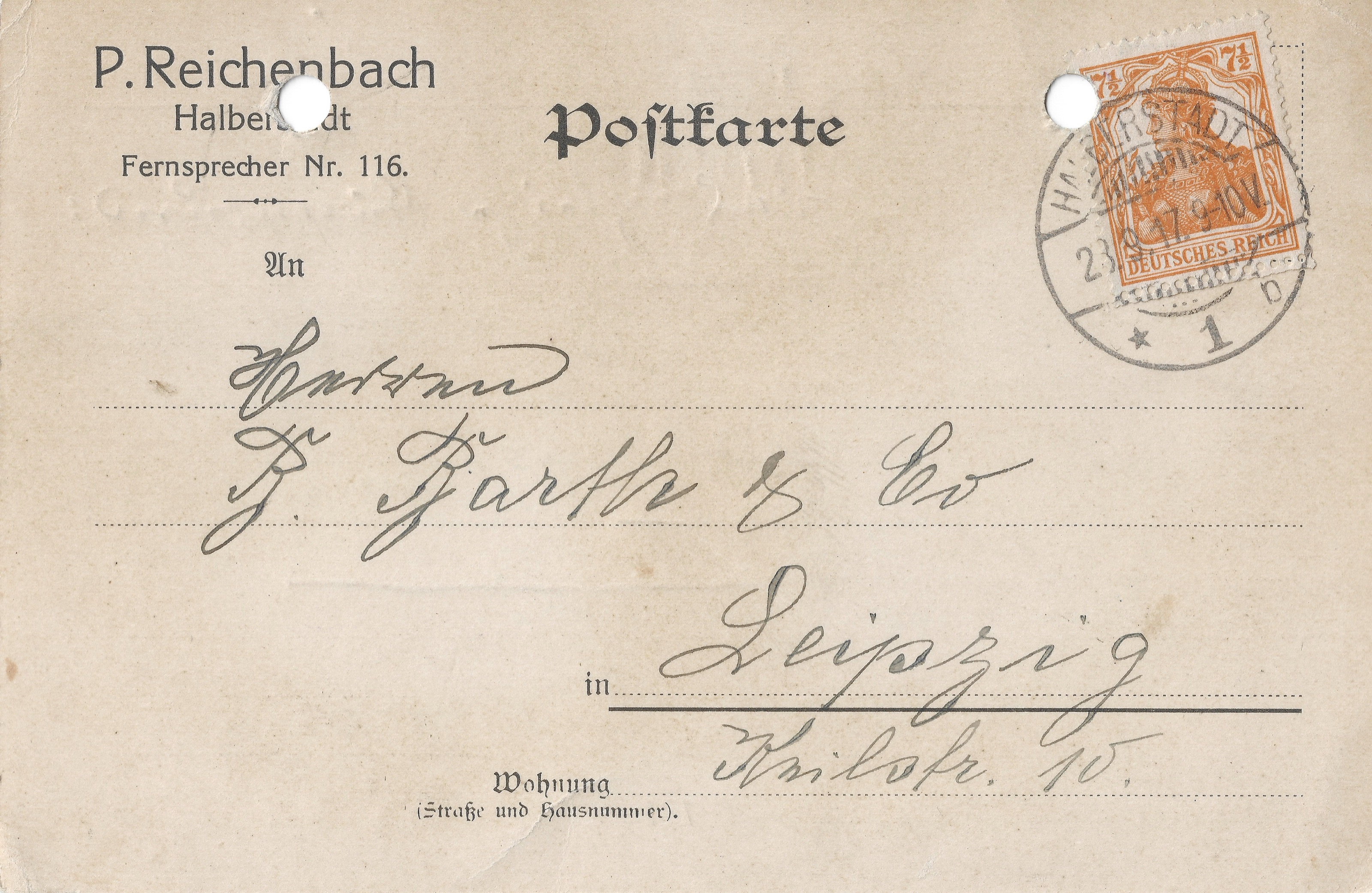 Address side of a P. Reichenbach business postcard sent from Halberstadt to a Leipzig supplier