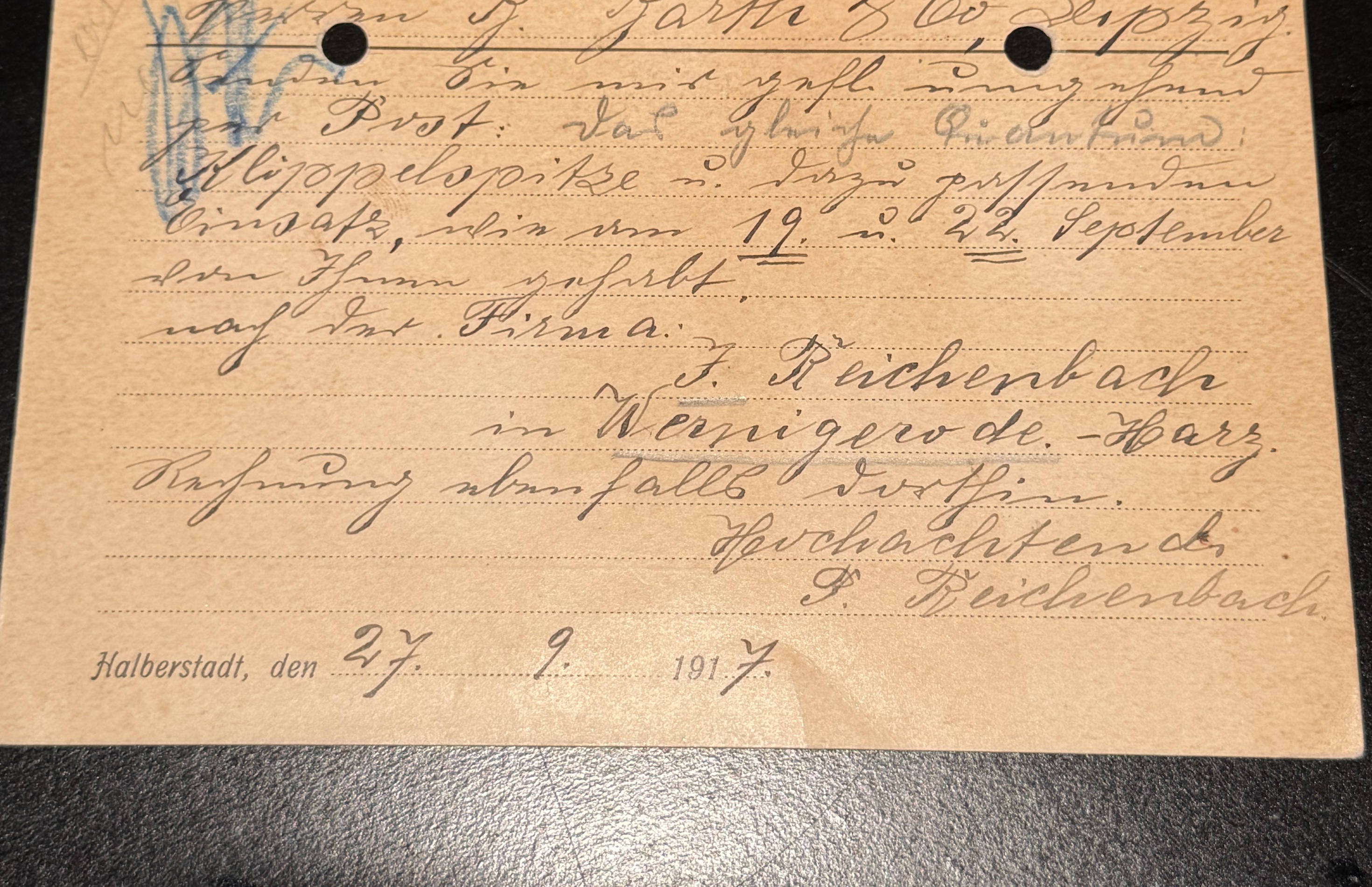 Handwritten message side of a P. Reichenbach business postcard dated 27 September 1917