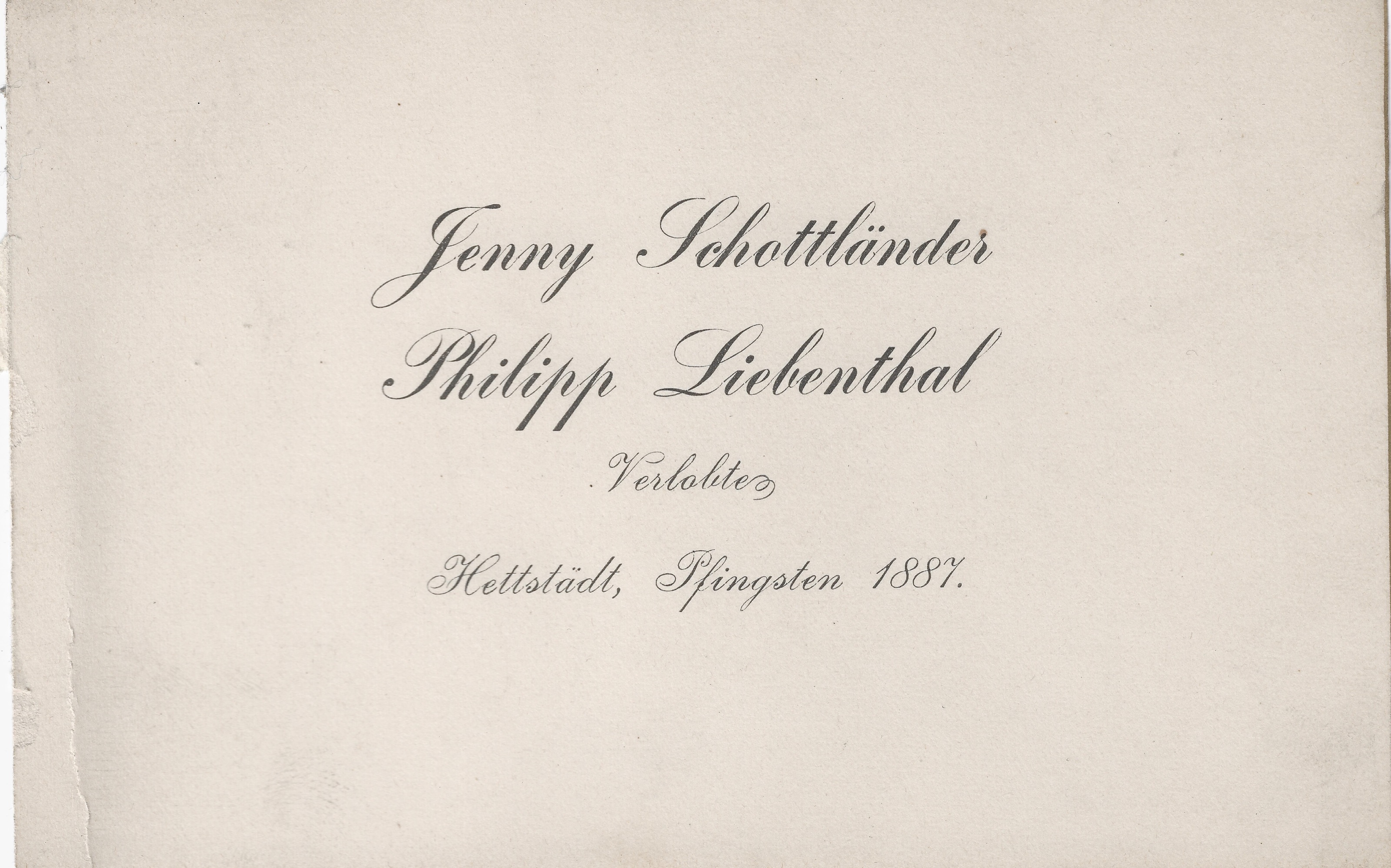 Scanned German announcement of the engagement of Jenny Schottländer and Philipp Liebenthal at Pentecost 1887