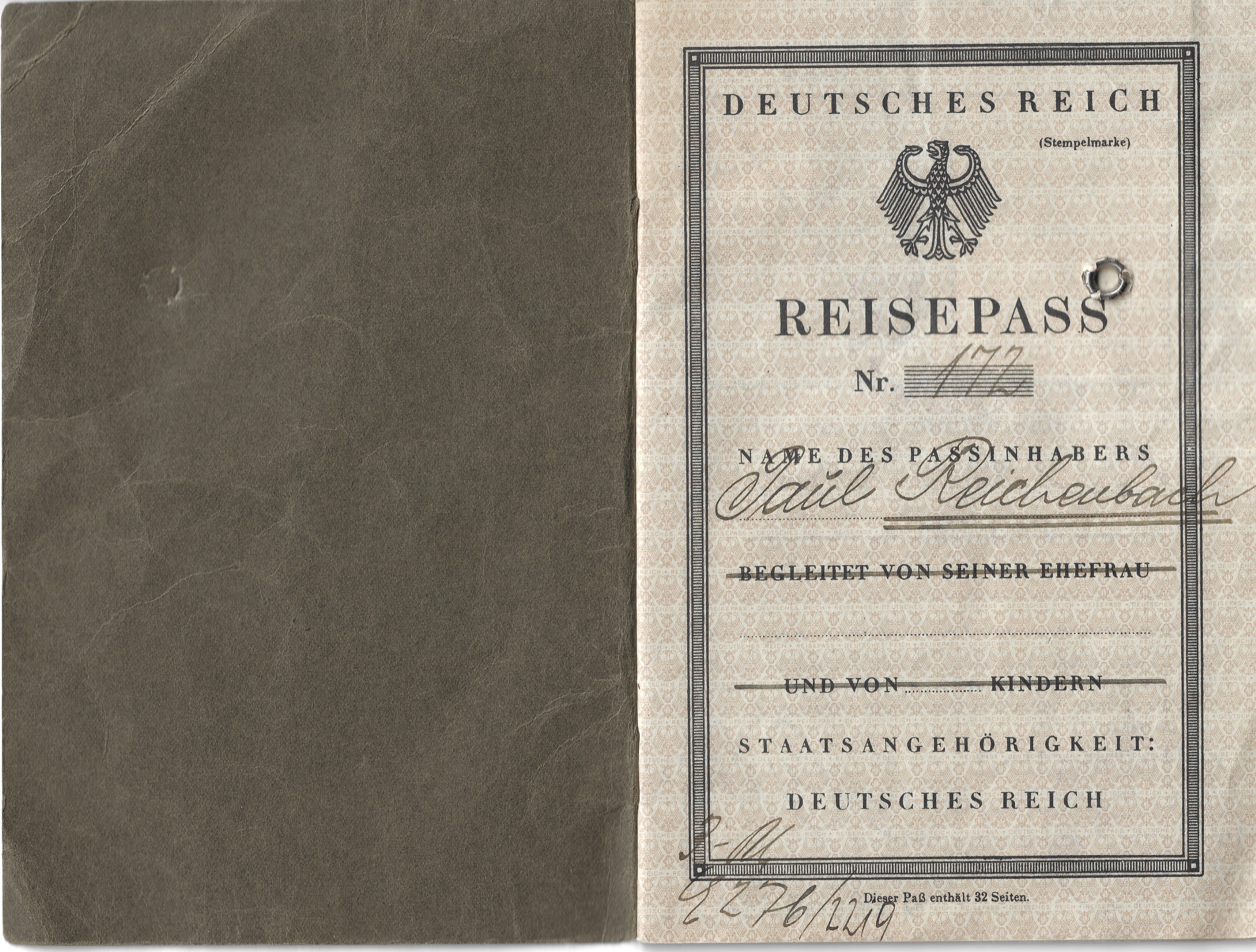 Passport title page from Paul Reichenbach’s German passport