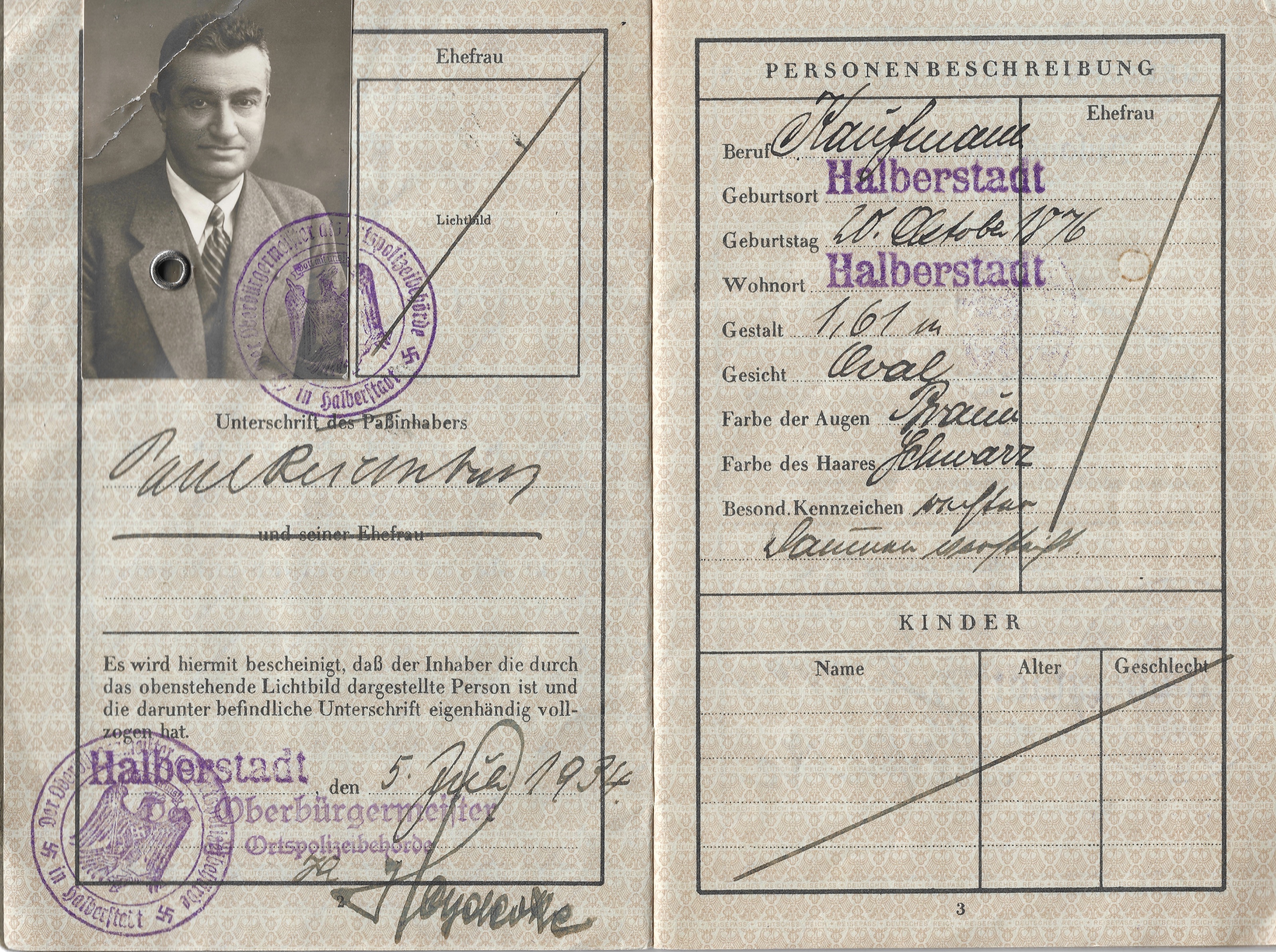 German passport description page with Paul Reichenbach’s portrait and personal data