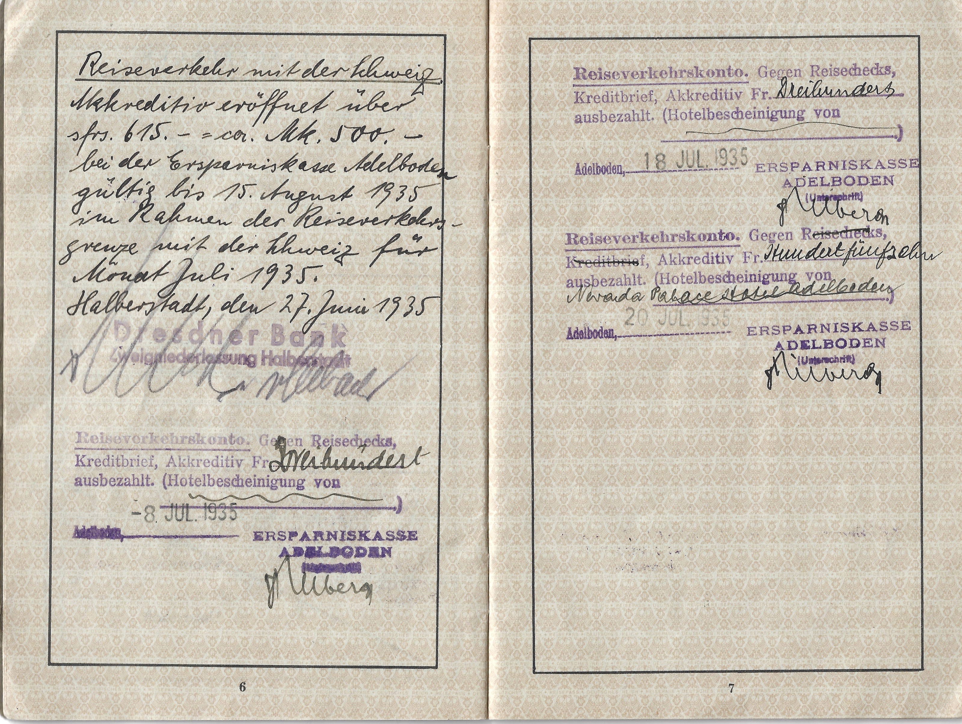 Passport currency-control entries from Paul Reichenbach’s German passport