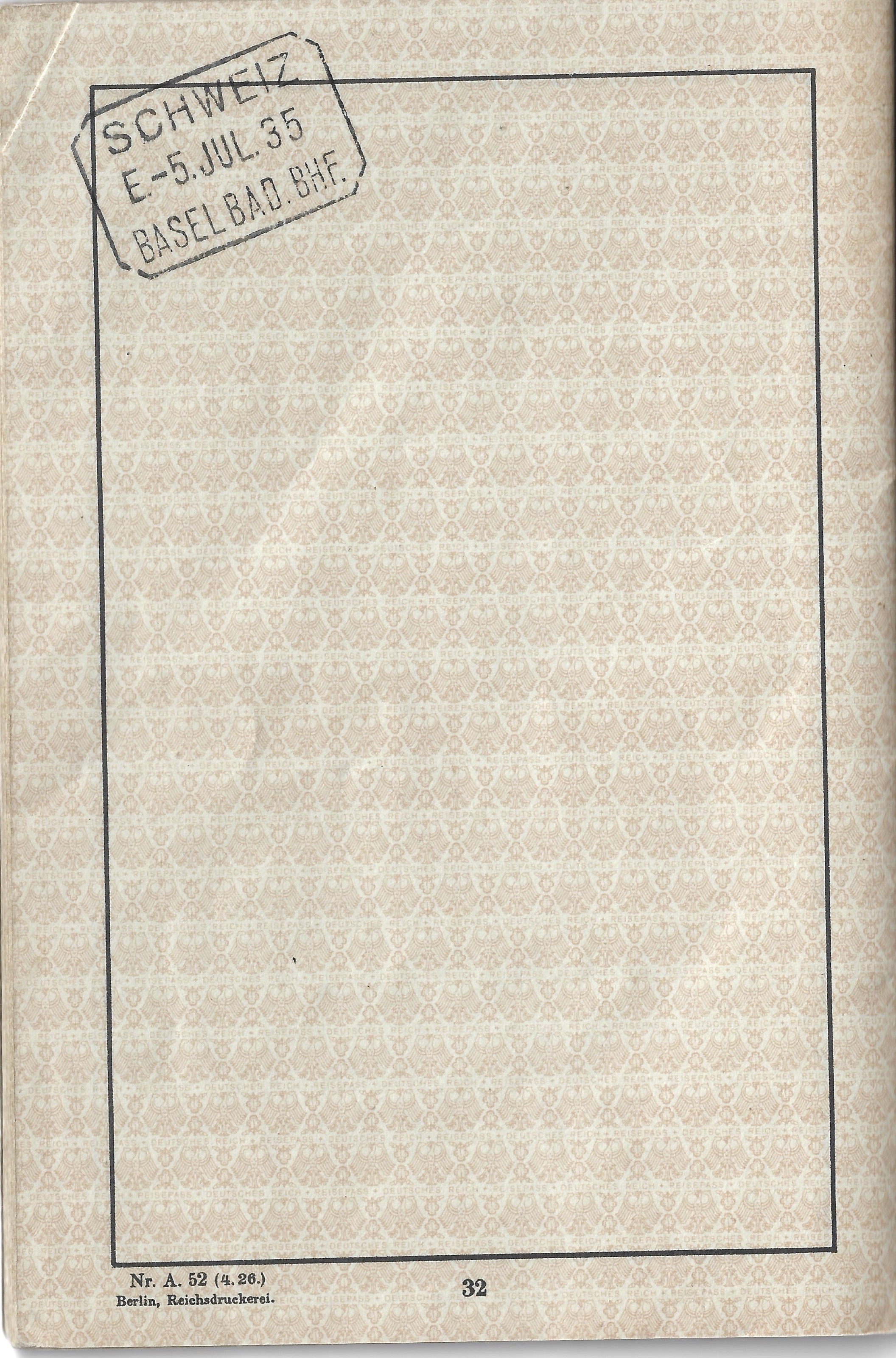 Passport: Basel entry stamp from Paul Reichenbach’s German passport