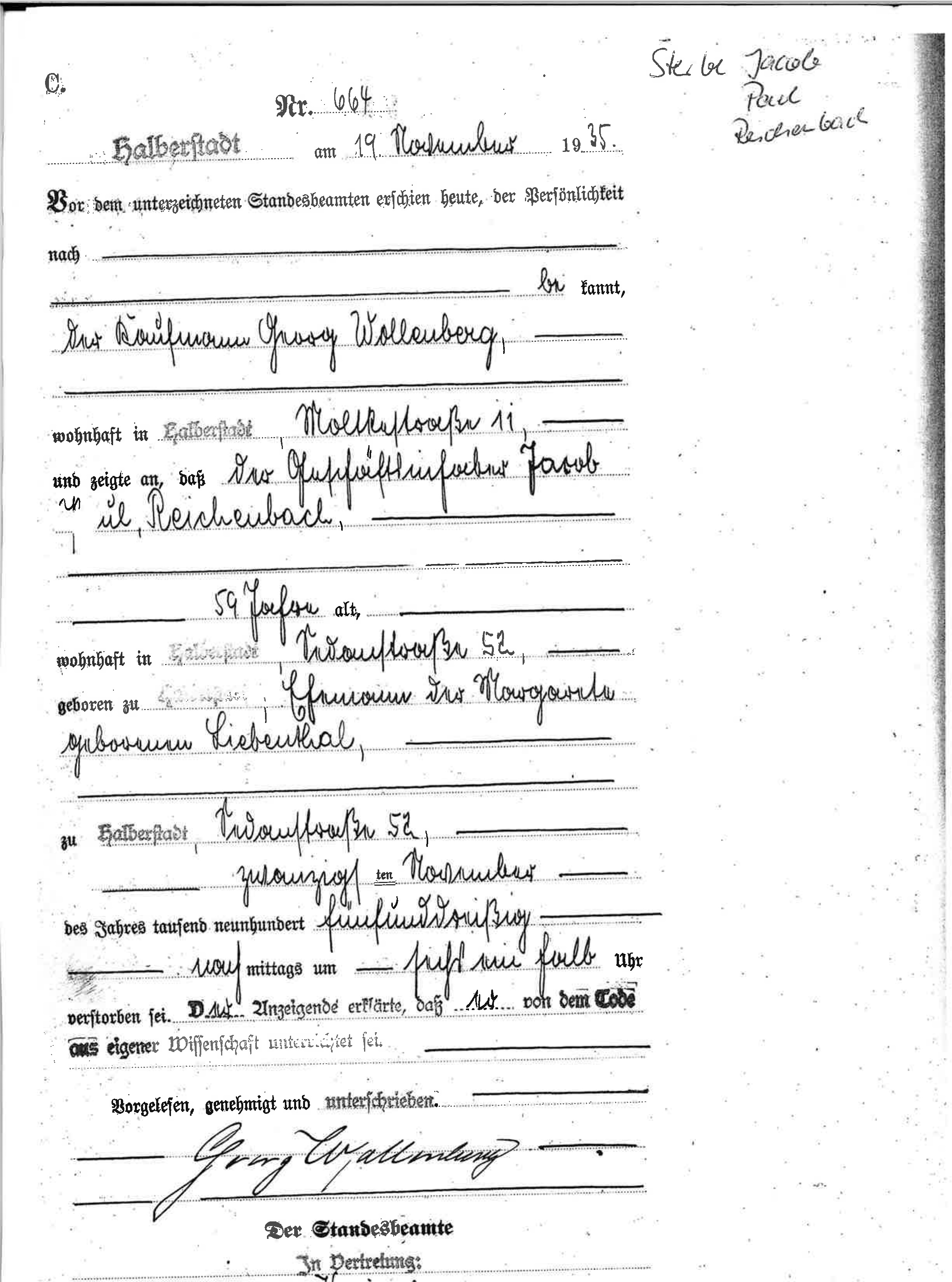 Paul Reichenbach’s death record, supplied by the Halberstadt archive and prepared in correct reading orientation