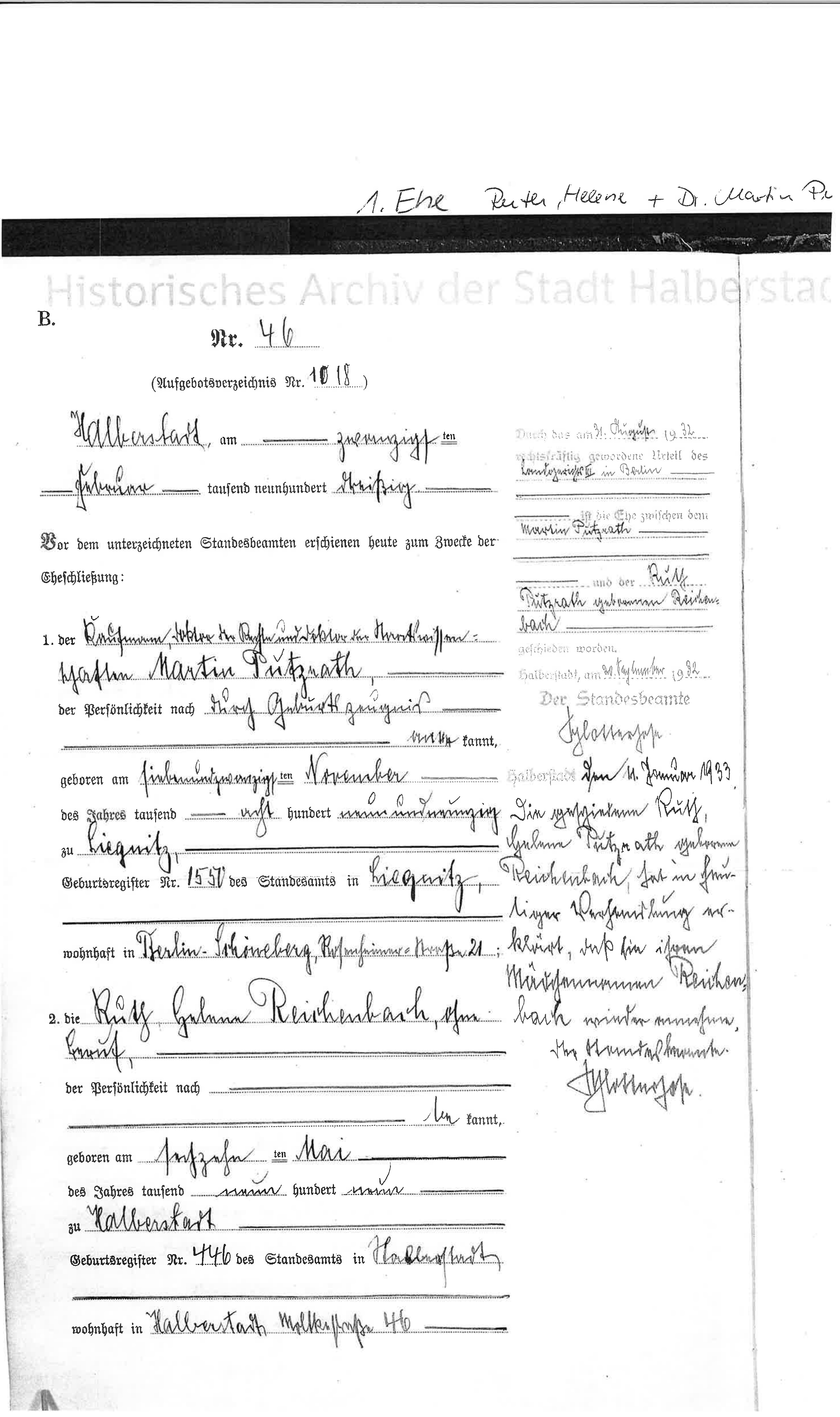 Ruth’s marriage record — detail view, supplied by the Halberstadt archive and prepared in correct reading orientation