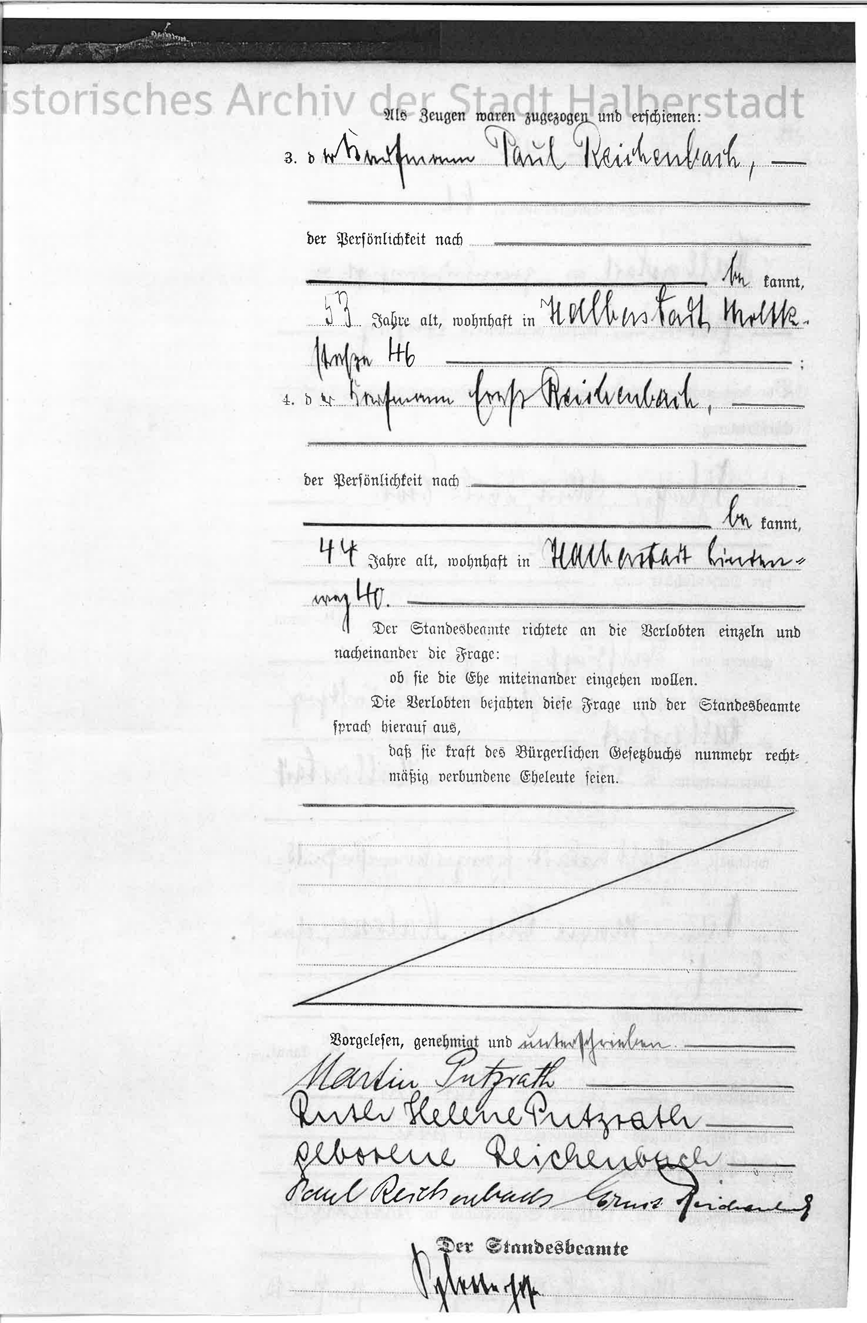 Ruth Reichenbach and Martin Pützrath marriage record, supplied by the Halberstadt archive and prepared in correct reading orientation
