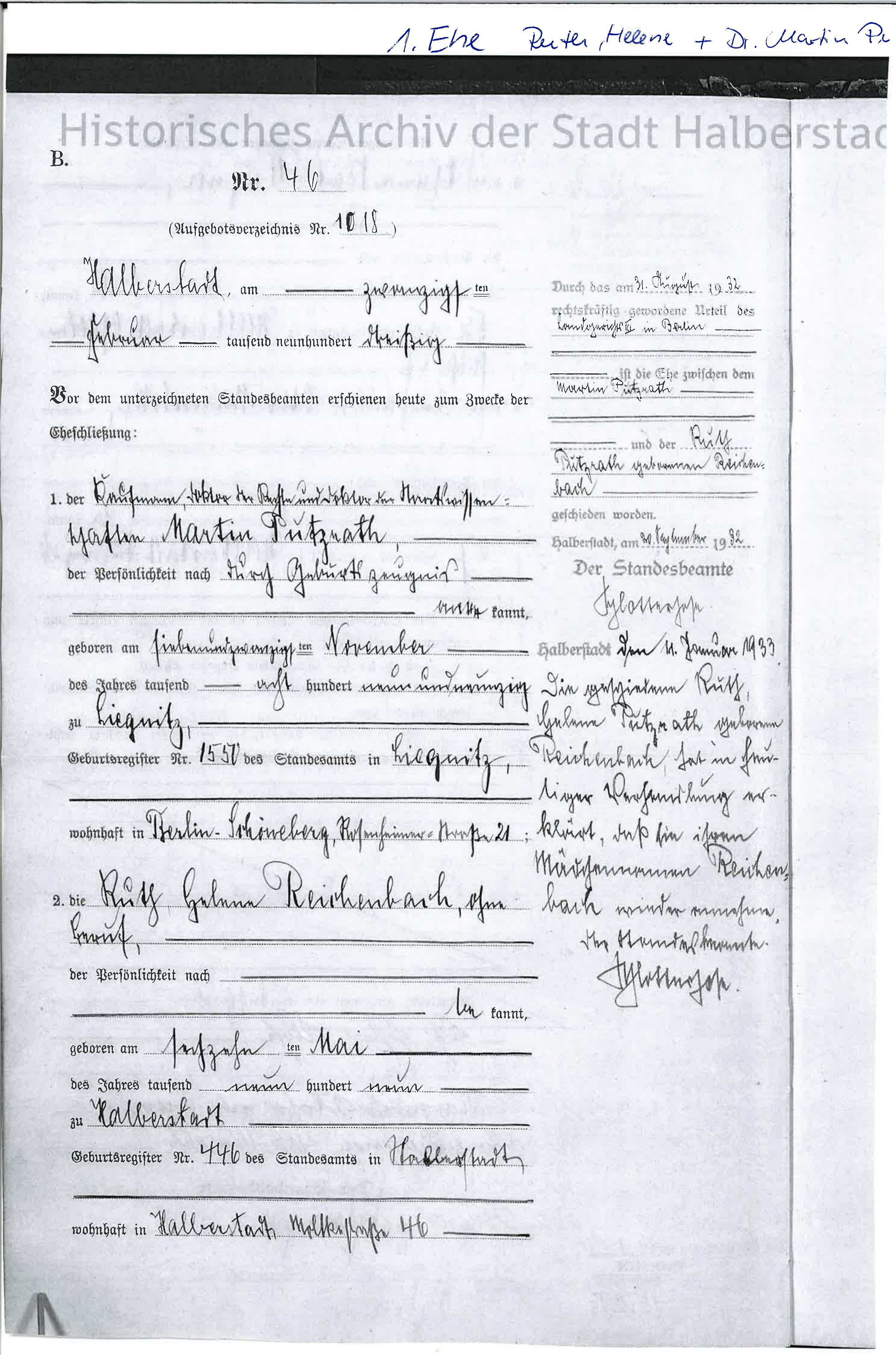 Ruth’s marriage record — third view, supplied by the Halberstadt archive and prepared in correct reading orientation