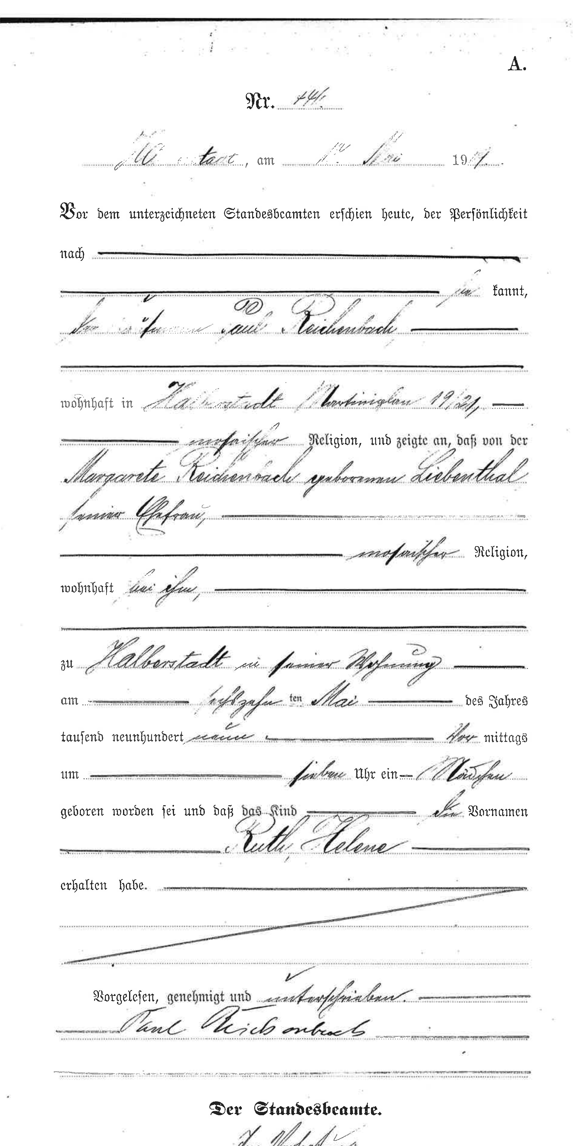 Ruth Helene Reichenbach’s birth record, supplied by the Halberstadt archive and prepared in correct reading orientation