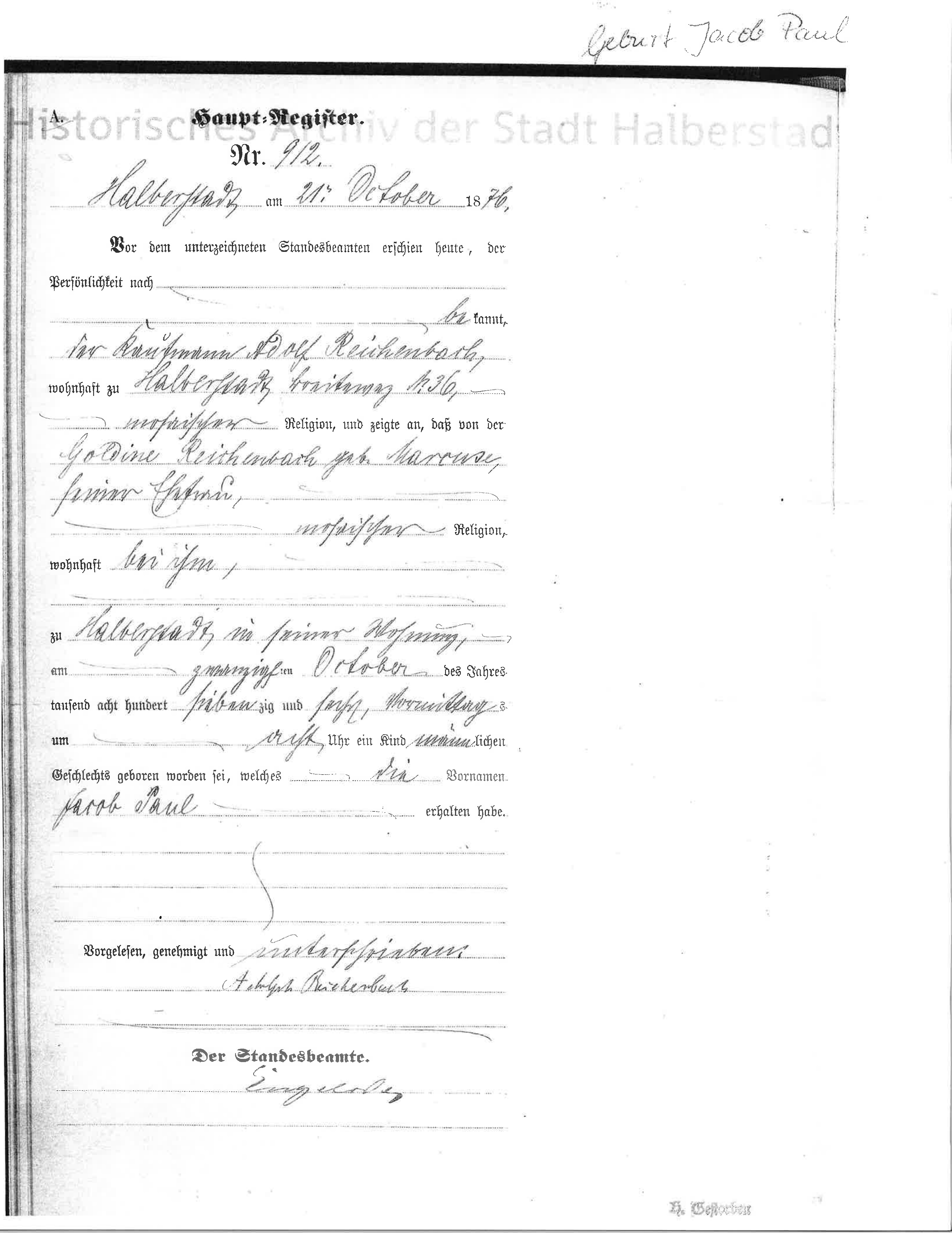 Paul Reichenbach’s birth entry, supplied by the Halberstadt archive and prepared in correct reading orientation