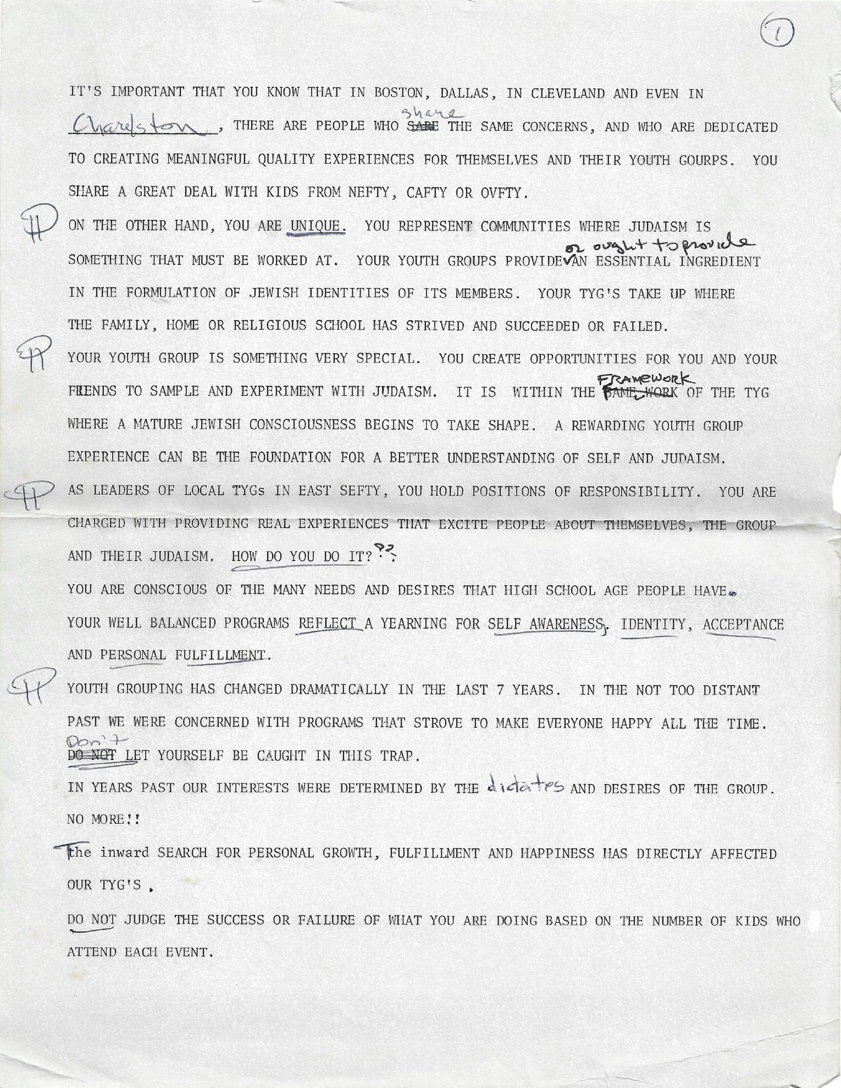 First page of Paul J. Reichenbach’s youth-group address, a typed page densely revised in handwriting