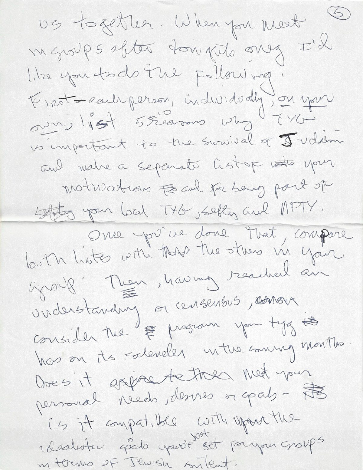 Fifth handwritten page of Paul J. Reichenbach’s youth-group address
