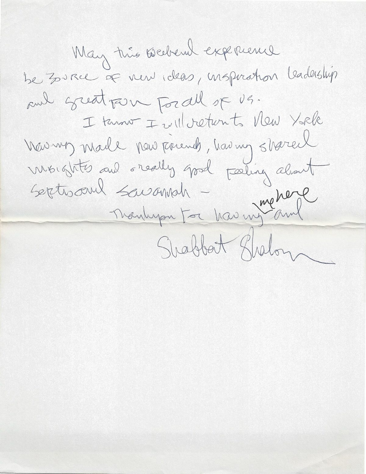 Final handwritten page of Paul J. Reichenbach’s youth-group address ending with Shabbat Shalom