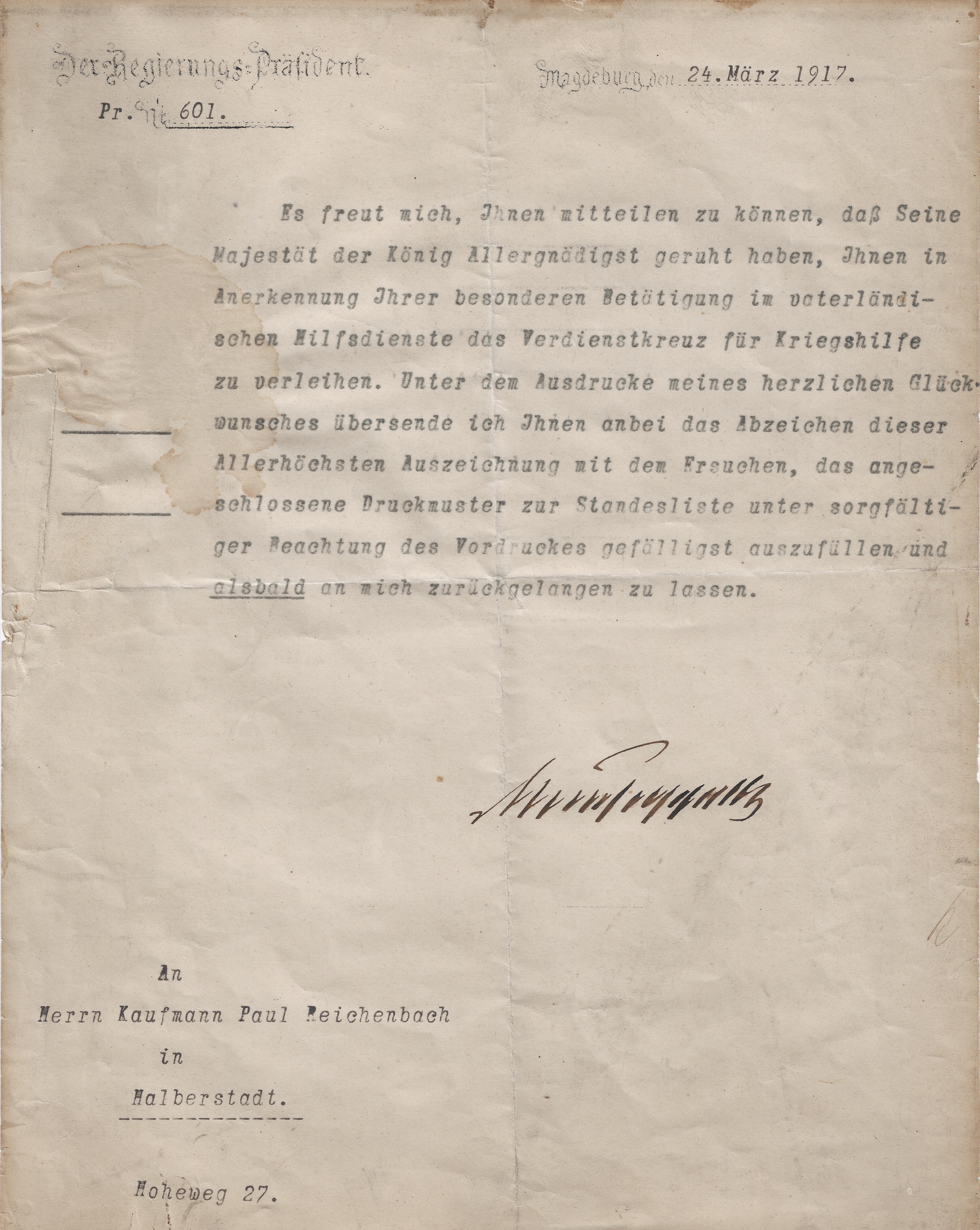 Typed German award notice addressed to merchant Paul Reichenbach at Hoheweg 27