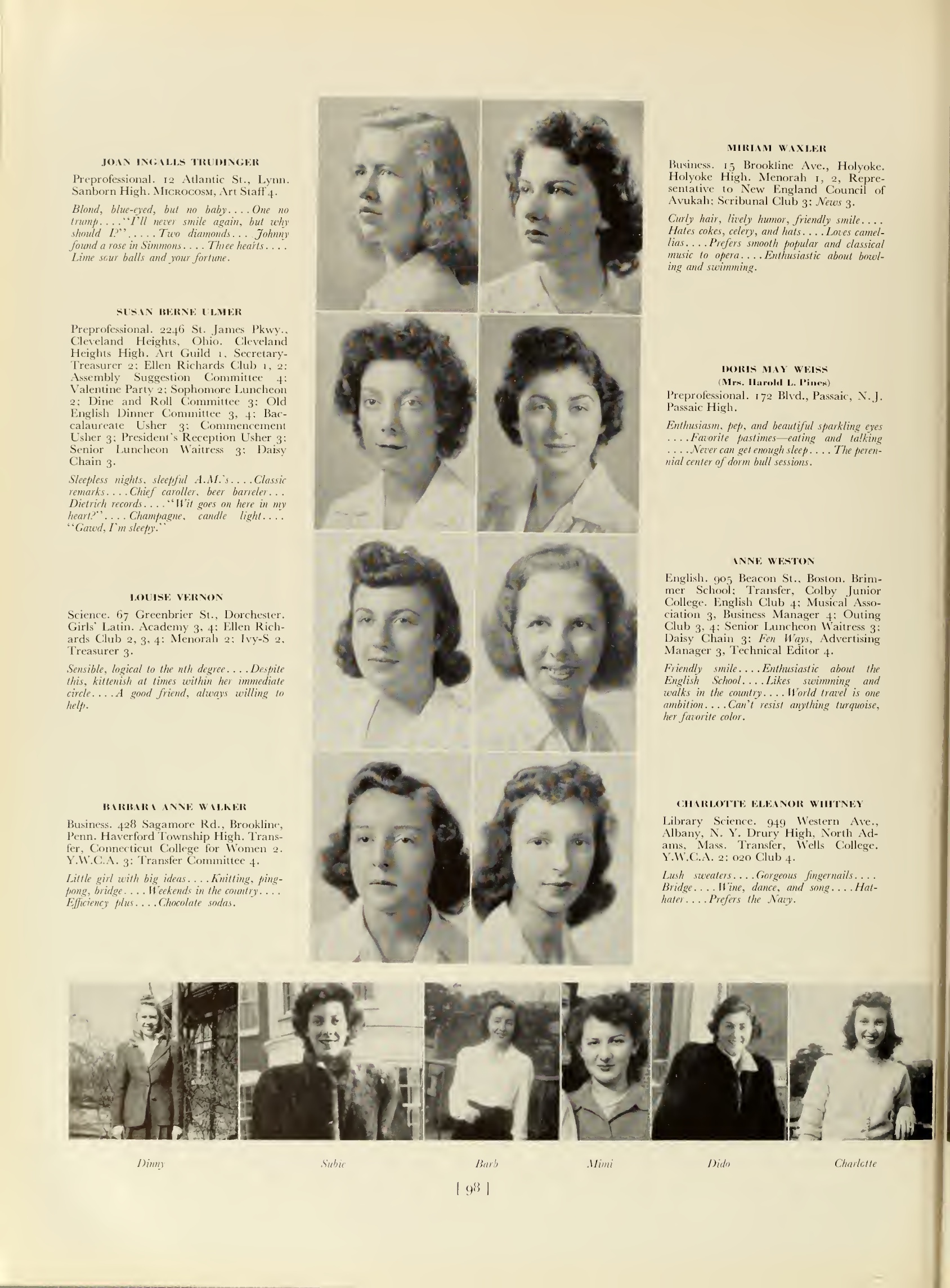 Printed page 98 of the 1943 Simmons College Microcosm with Susan Berne Ulmer’s senior entry, portrait and a candid captioned Subie