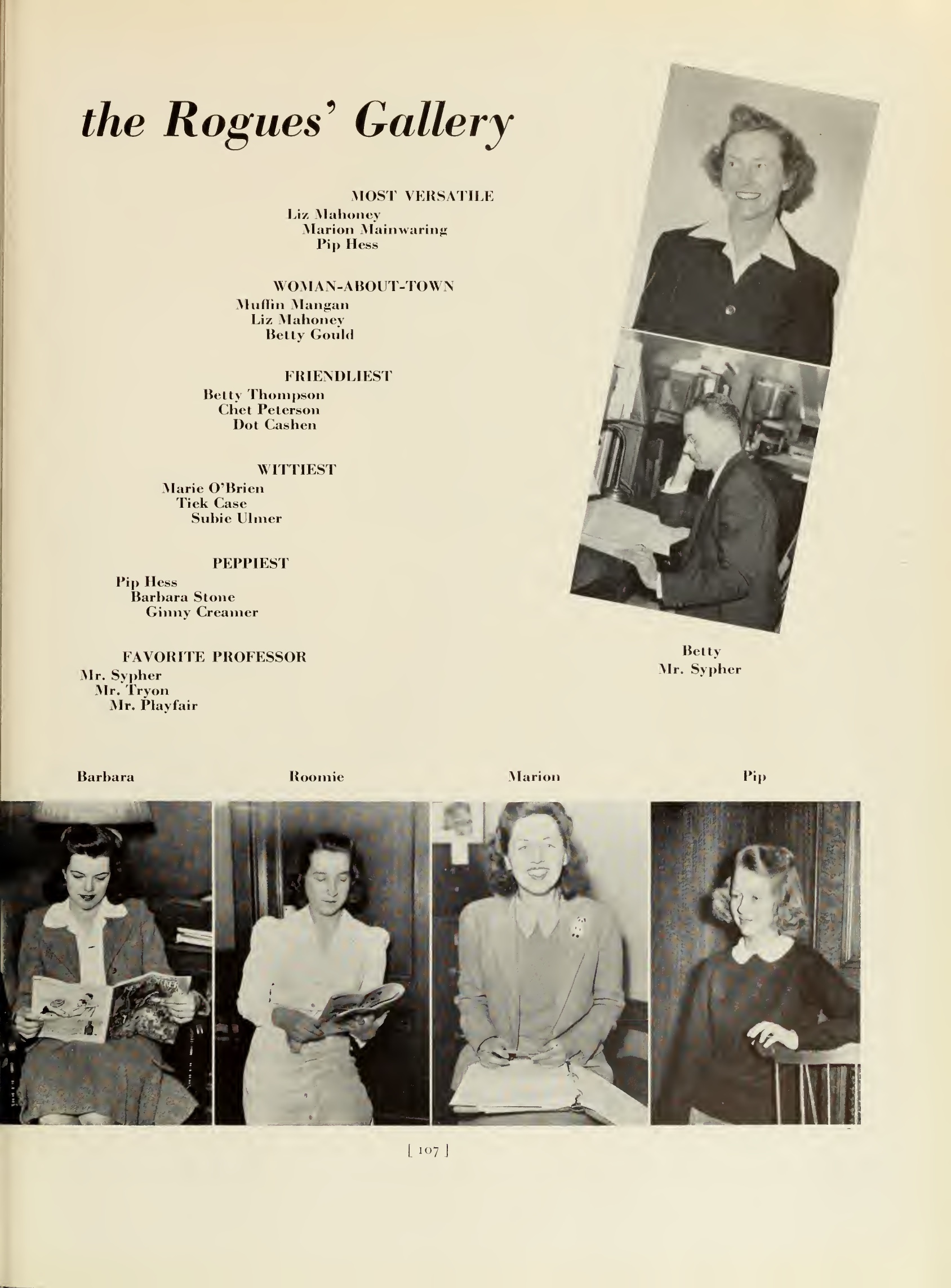 Printed page 107 of the 1943 Simmons College Microcosm Rogues’ Gallery naming Subie Ulmer with Marie O’Brien and Tick Case under Wittiest