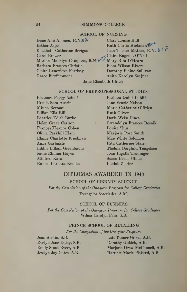 Simmons College 1943 to 1944 catalog page listing Susan Berne Ulmer under the School of Preprofessional Studies among Bachelor of Science degrees conferred in 1943