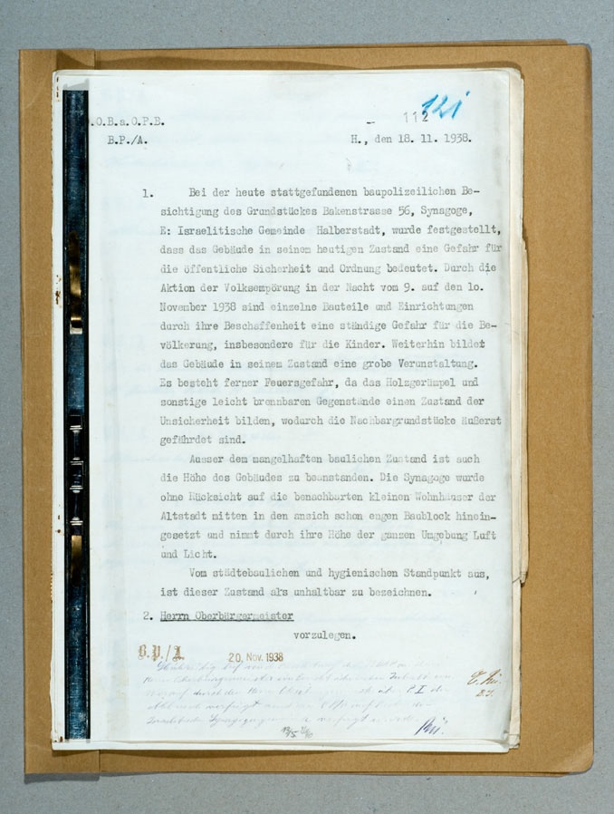 First page of the Halberstadt building police file ordering demolition of the synagogue at Bakenstraße 56 after the November pogrom