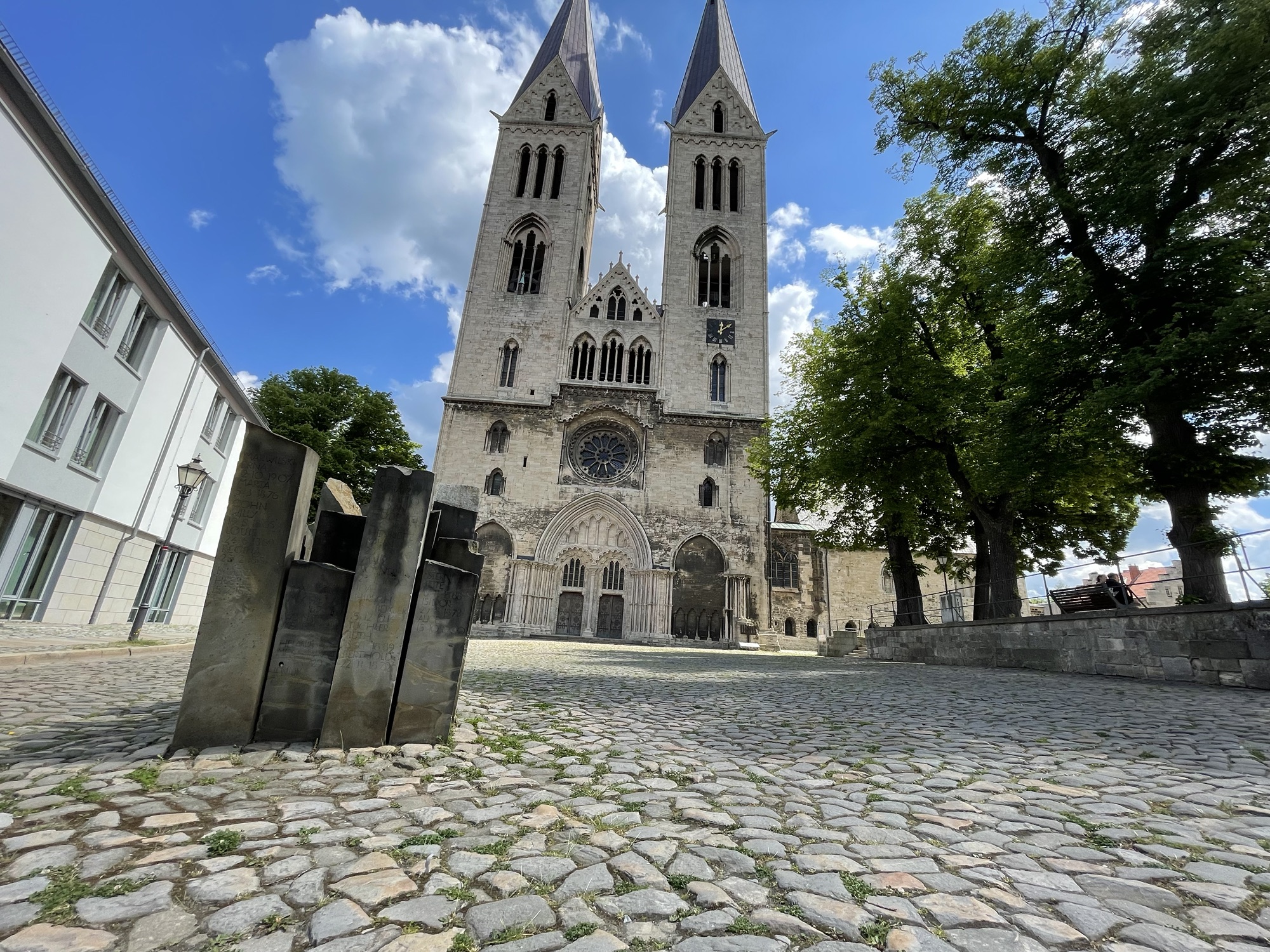 Halberstadt Cathedral with the Stones of Remembrance memorial stelae standing on the Domplatz