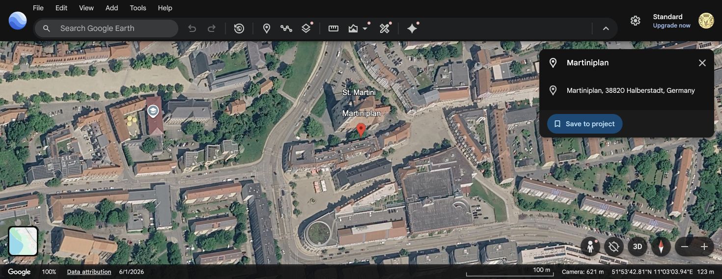Google Earth aerial view centered on Martiniplan and St. Martini in present-day Halberstadt