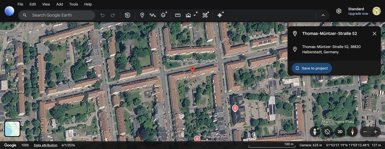 Google Earth aerial view pinpointing Thomas-Müntzer-Straße 52 in present-day Halberstadt